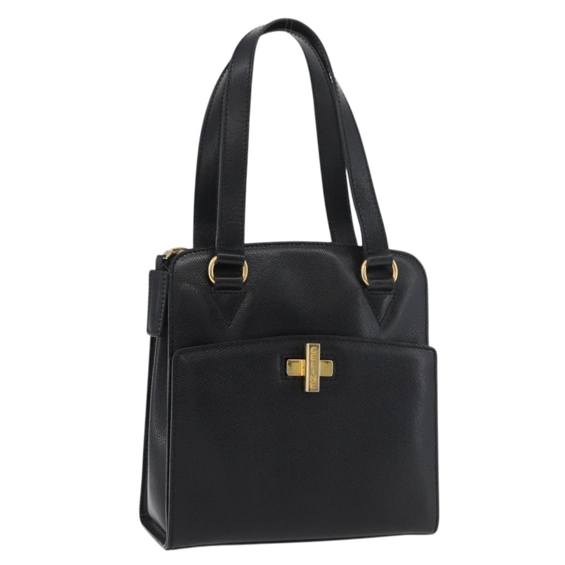 CELINE black leather handbag with gold tone accents Italy: CELINE black leather handbag with gold tone accents Italy Authentic CELINE leather handbag in black with gold-tone accents. Made in Italy, this women's handbag shows reasonable wear and tear consisten