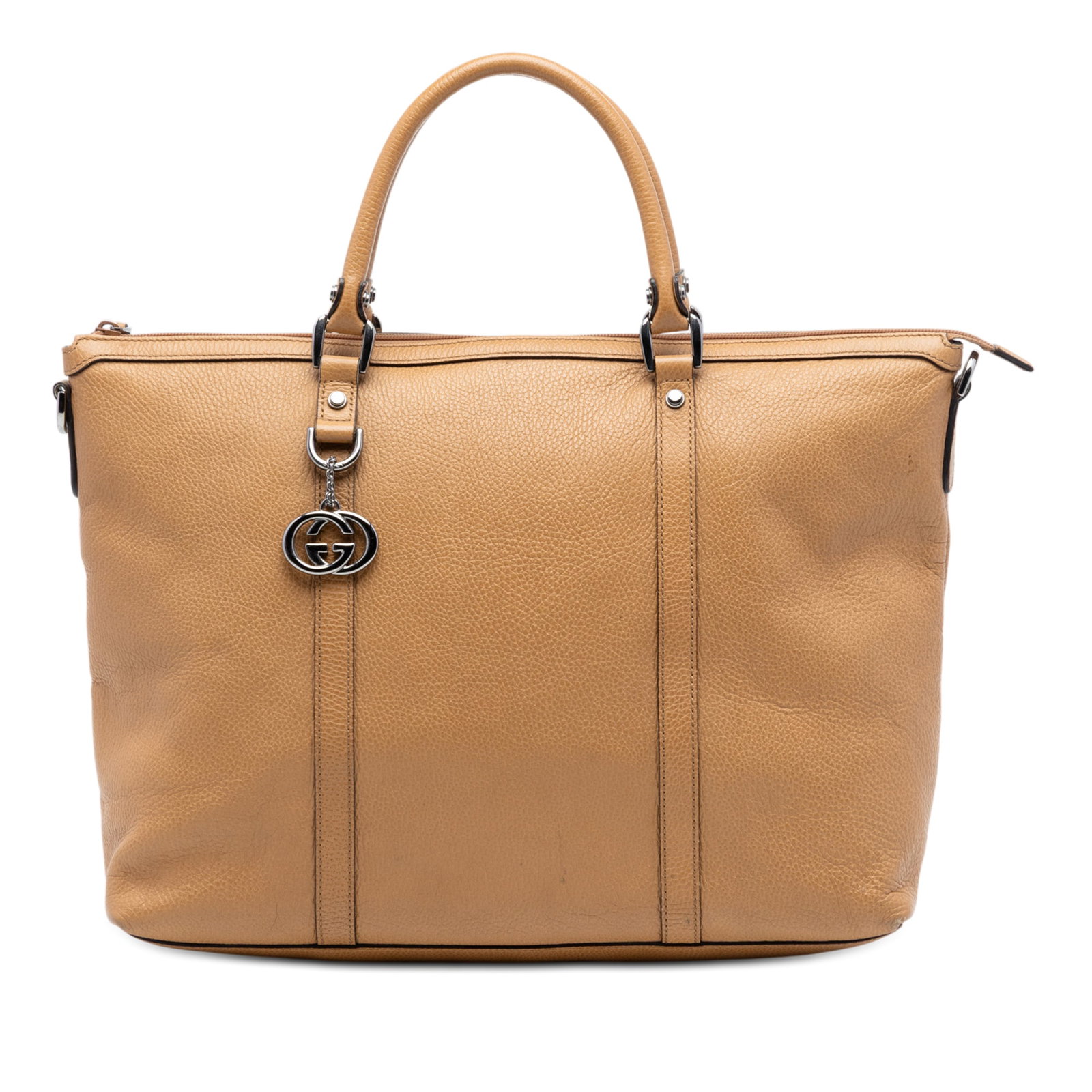 Brown Leather Satchel with GG Charm by Gucci: Brown Leather Satchel with GG Charm by Gucci This Gucci Leather GG Charm Satchel features a brown leather body with rolled leather handles, a detachable flat leather strap, a top zip closure, and inte