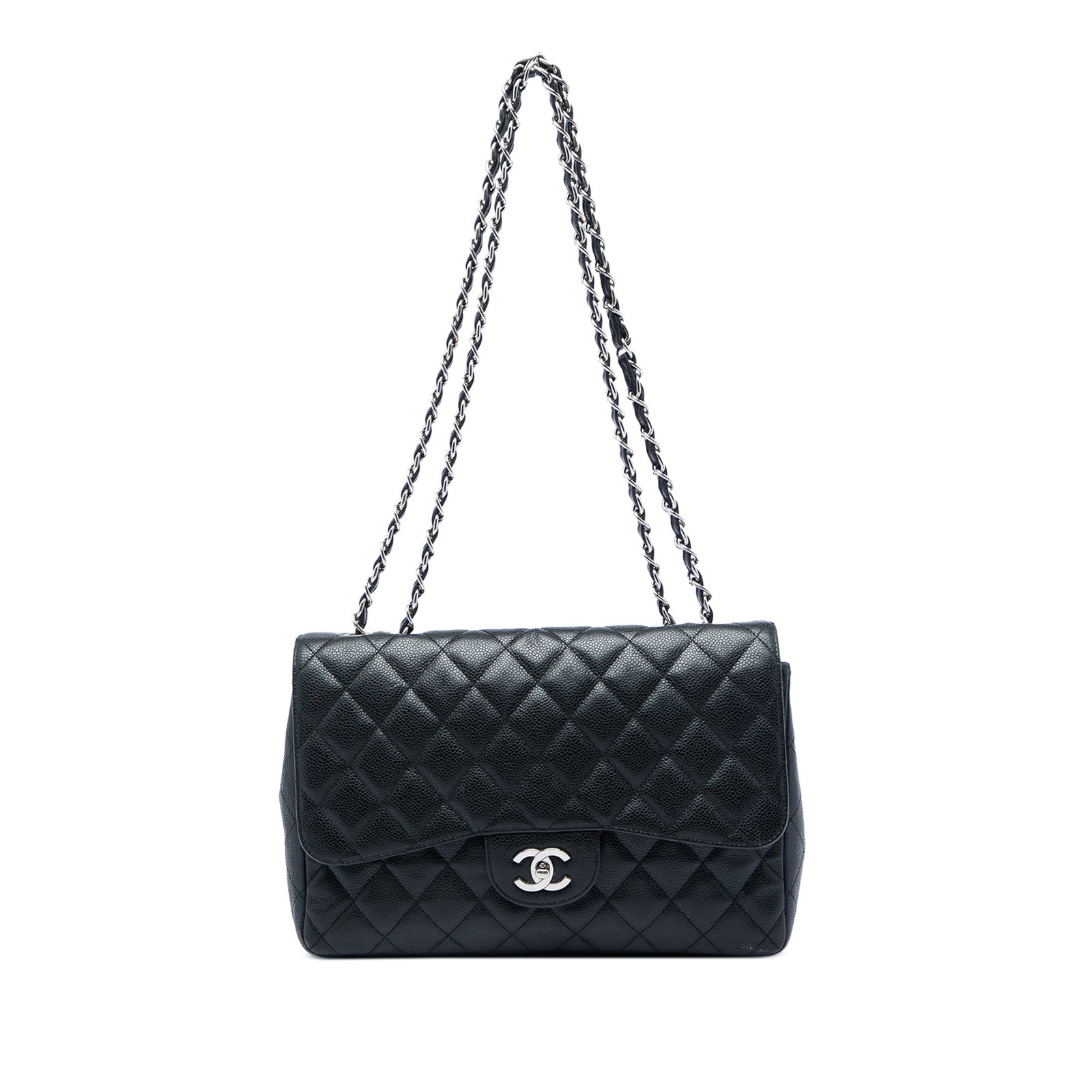 Chanel Jumbo Classic Single Flap Caviar Leather Shoulder Bag: Chanel Jumbo Classic Single Flap Caviar Leather Shoulder Bag A Chanel Jumbo Classic Caviar Single Flap bag crafted in black quilted caviar leather. It features leather-woven chain shoulder straps, a f