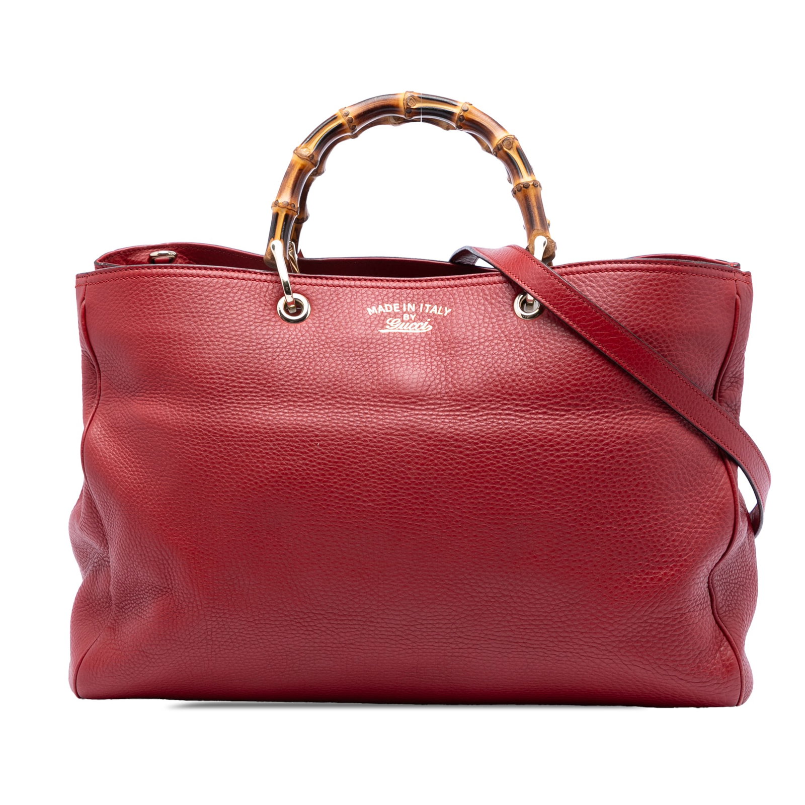 Gucci Bamboo Shopper Red Leather Satchel: Gucci Bamboo Shopper Red Leather Satchel This Gucci Large Calfskin Bamboo Shopper Satchel is crafted from red leather and features distinctive bamboo top handles, a detachable and adjustable flat leat