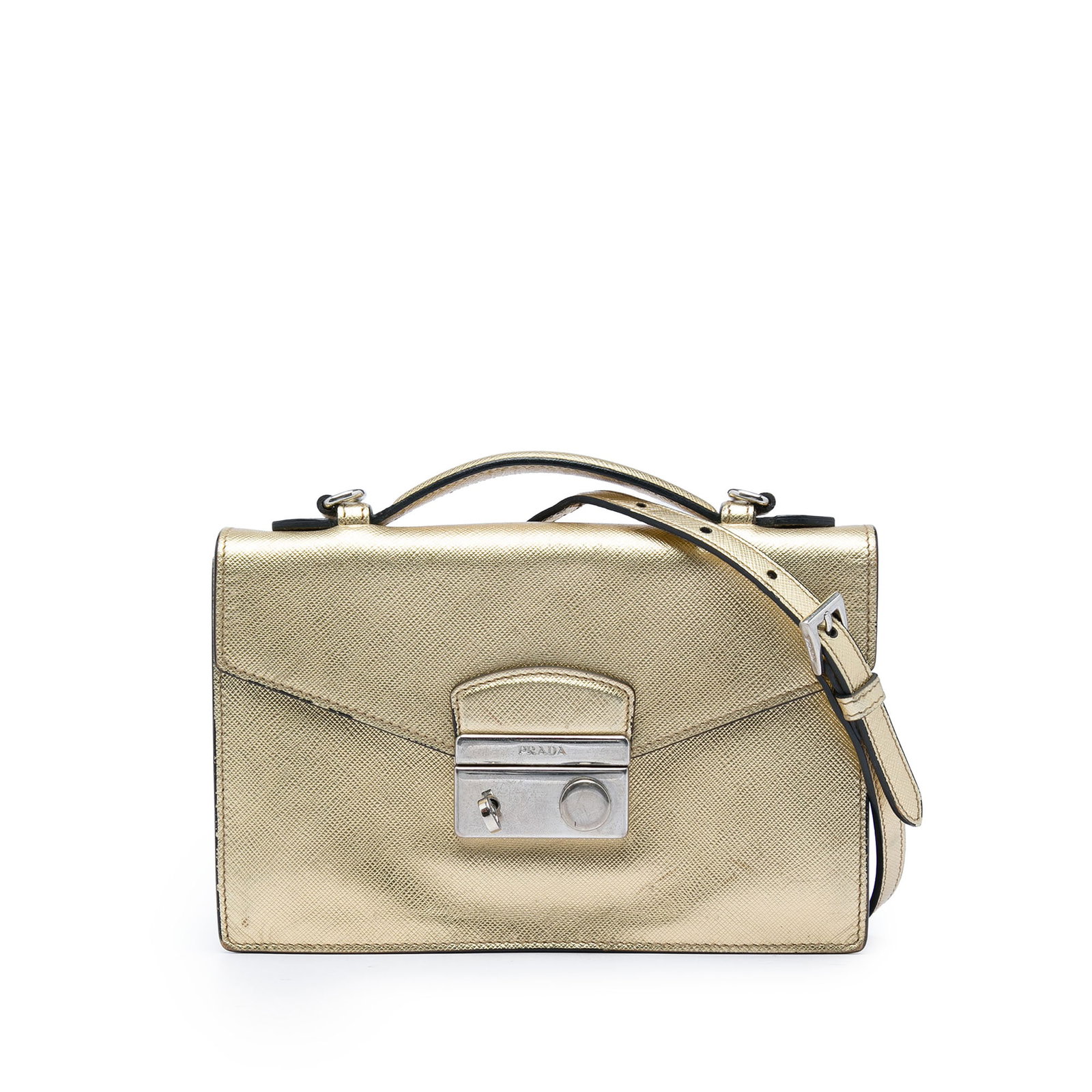 Prada Saffiano Sound Lock Leather Satchel Bag: Prada Saffiano Sound Lock Leather Satchel Bag Prada Saffiano Sound Lock satchel crafted in leather with a structured design. It features a flat top handle, a detachable leather strap, a front flap wit