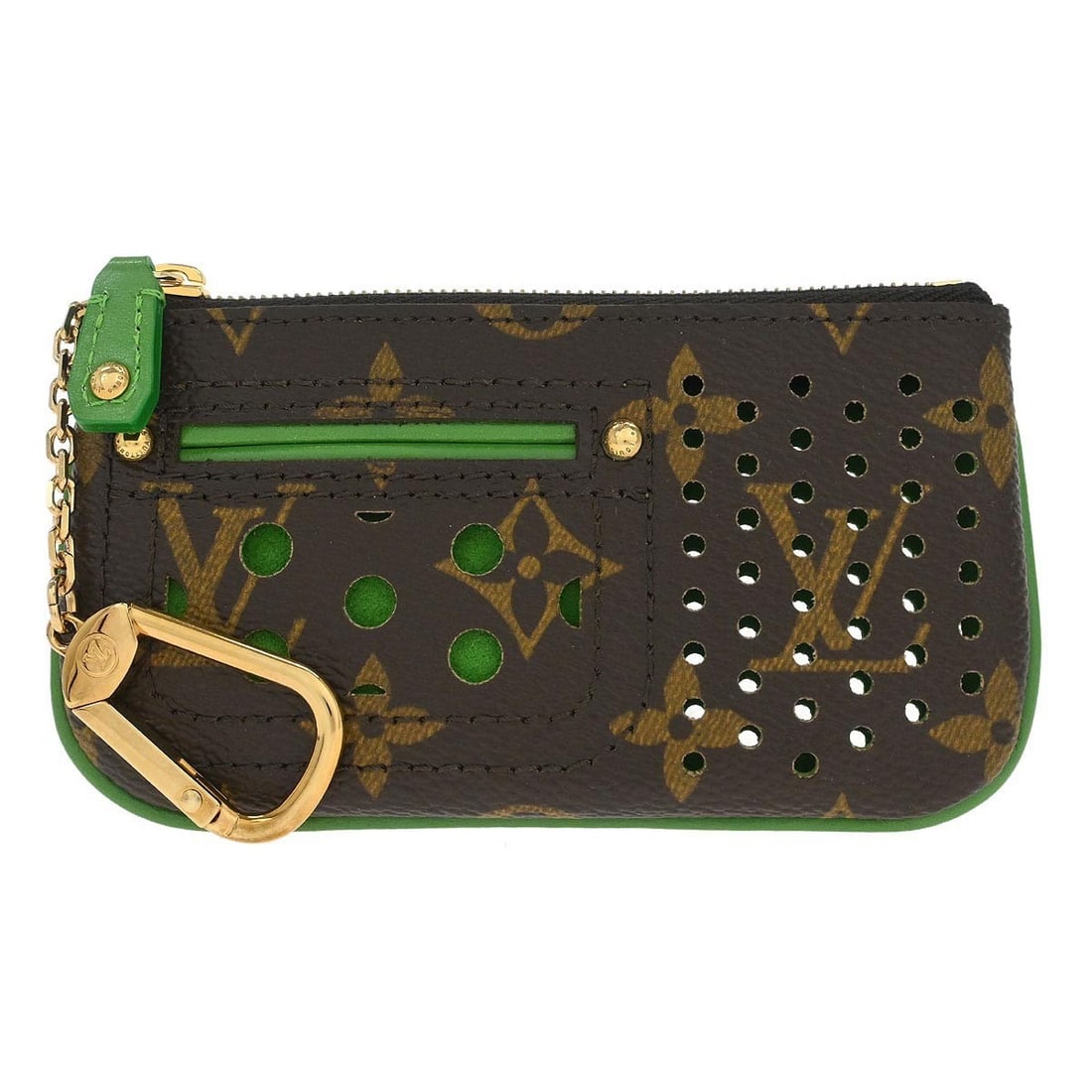 Louis Vuitton M95186 Monogram Perfo Coin Wallet Pochette Cles Brown: Louis Vuitton M95186 Monogram Perfo Coin Wallet Pochette Cles Brown Vintage Louis Vuitton Monogram Perfo Pochette Cles coin wallet in brown and green Monogram Perfo canvas with leather trim. This unis