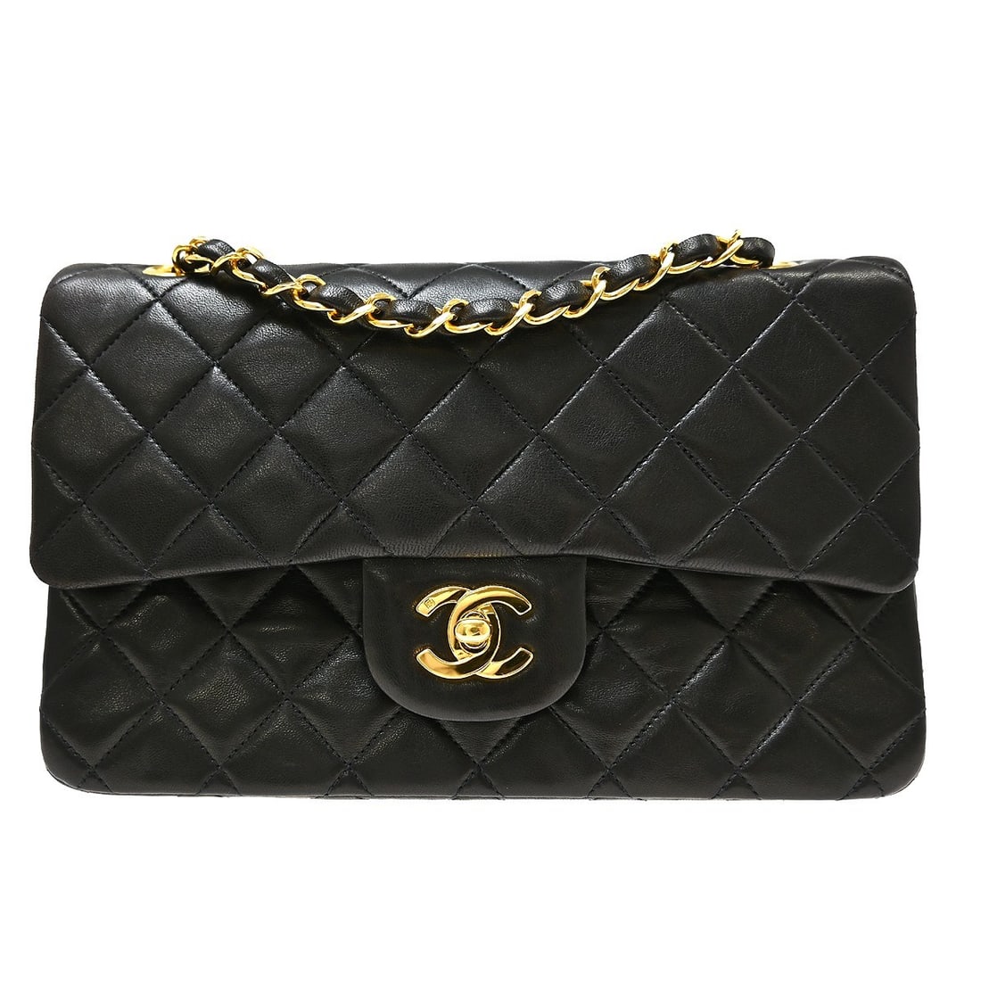 CHANEL Classic Double Flap Small Black Lambskin Shoulder Bag: CHANEL Classic Double Flap Small Black Lambskin Shoulder Bag Chanel Small Classic Double Flap shoulder bag in black lambskin with matelasse quilting and a flap turnlock closure. This women's shoulder 