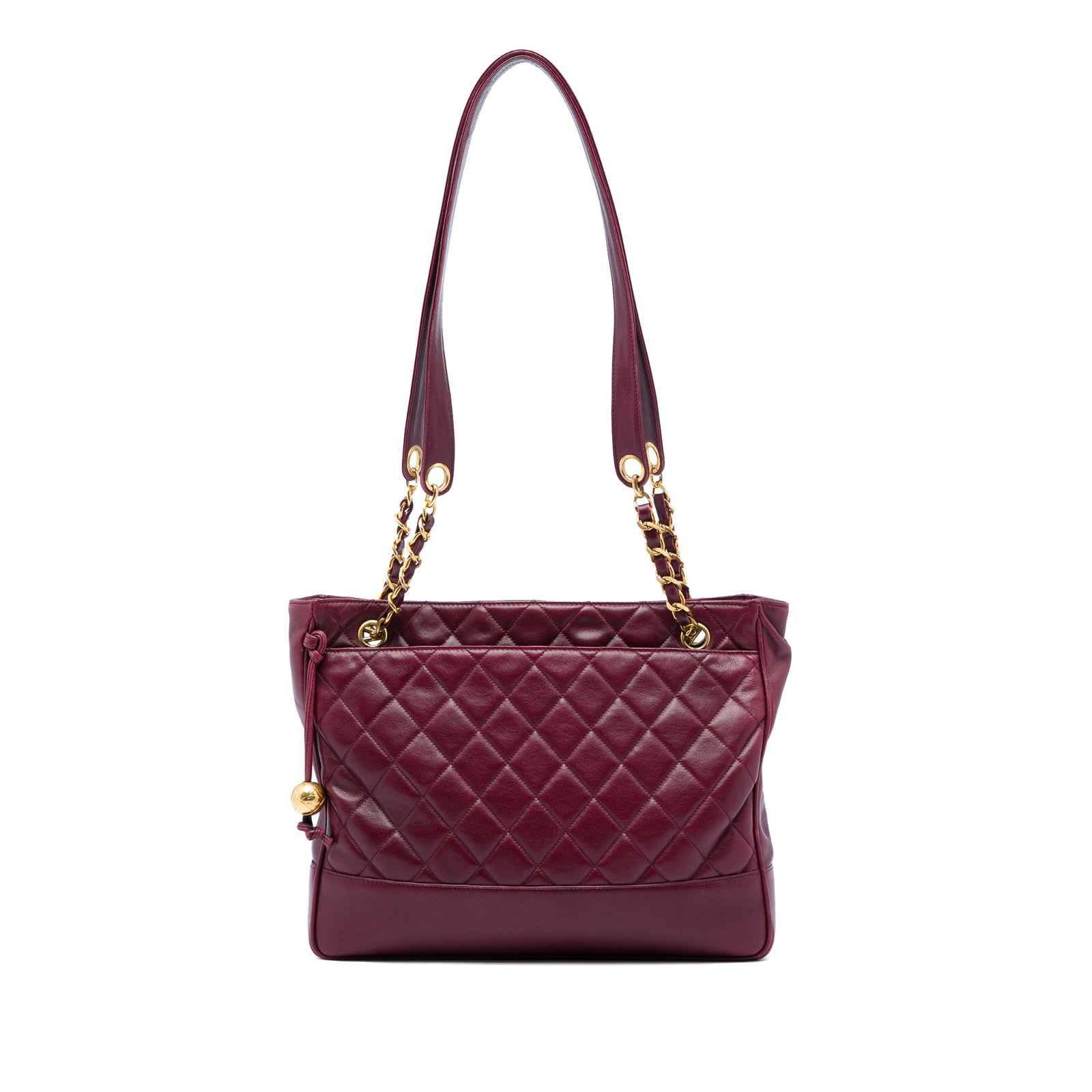 Chanel Coco Ball Chain Tote Quilted Red Lambskin Leather Bag: Chanel Coco Ball Chain Tote Quilted Red Lambskin Leather Bag Chanel Coco Ball chain tote crafted in red quilted lambskin leather. The bag features leather-woven chain link shoulder straps with a leath
