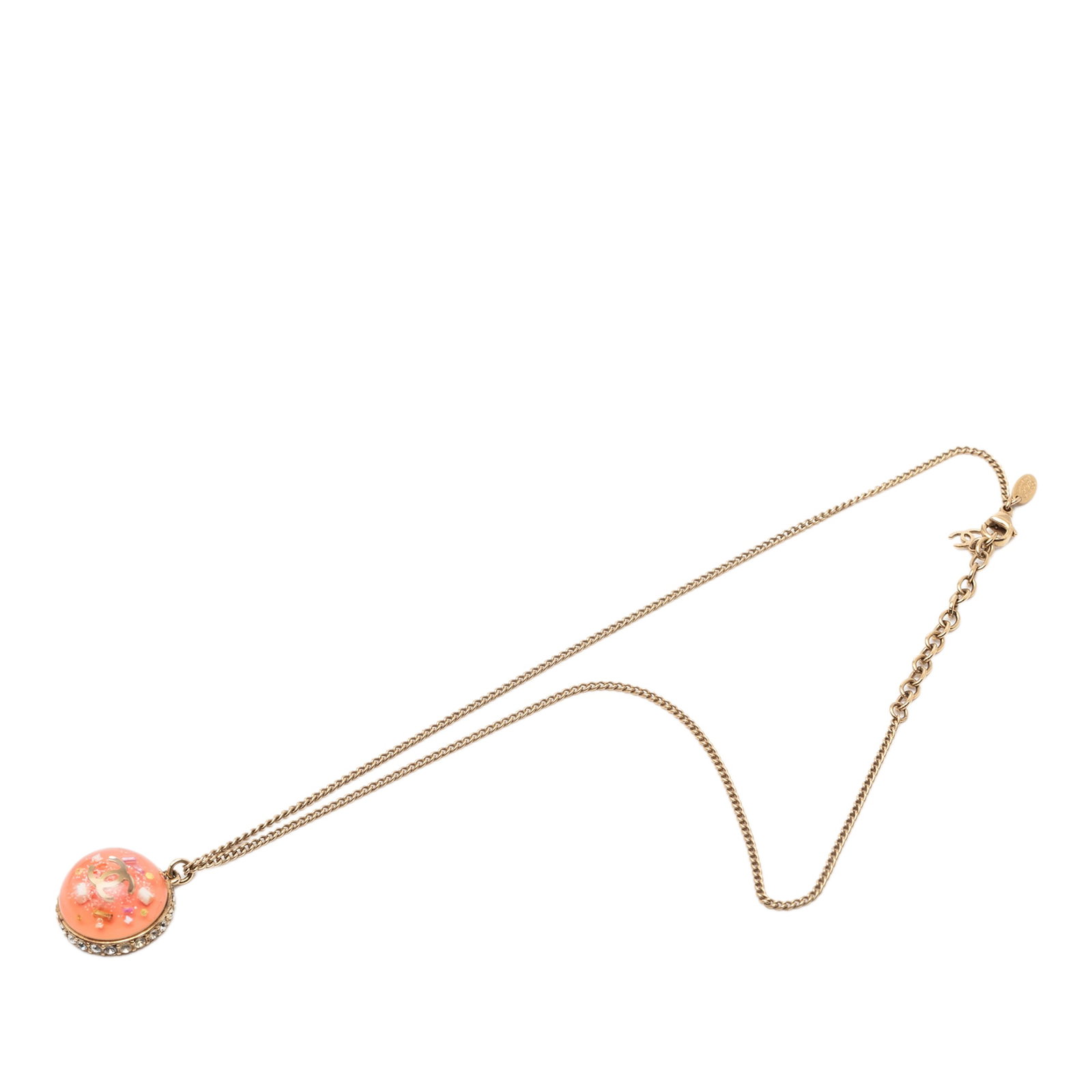 Chanel Dome Pendant Necklace with Gold Tone Metal Resin and Strass: Chanel Dome Pendant Necklace with Gold Tone Metal Resin and Strass This Chanel necklace features a gold tone metal body with resin and strass embellishments. It is designed with a dome-shaped pendant 