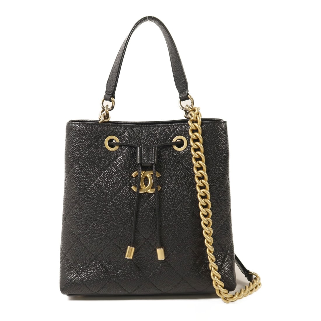 CHANEL CC 2 Way Bucket Shoulder Bag Black Calfskin GHW: CHANEL CC 2 Way Bucket Shoulder Bag Black Calfskin GHW Chanel CC bucket chain 2-way shoulder bag in black calfskin leather. This women's bag features a structured bucket silhouette with chain detailin
