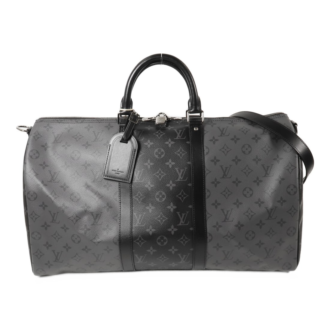 Louis Vuitton M45392 Keepall Bandouliere 50 Monogram Eclipse 2way Bag: Louis Vuitton M45392 Keepall Bandouliere 50 Monogram Eclipse 2way Bag Louis Vuitton Keepall Bandouliere 50 in Monogram Eclipse coated canvas with a black and grey colorway. This 2-way shoulder bag fea