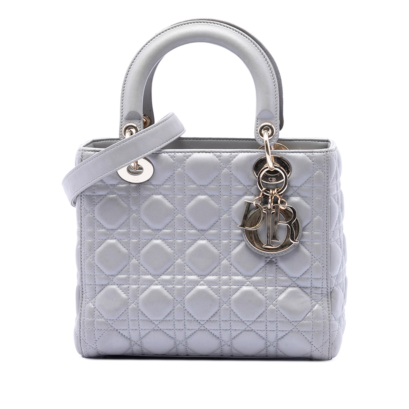 Dior Medium Lady Cannage Pearlescent Lambskin Bag: Dior Medium Lady Cannage Pearlescent Lambskin Bag This Medium Pearlescent Lambskin Cannage Lady Dior bag features a quilted leather body in a gray hue, flat leather handles, a detachable strap, a top 