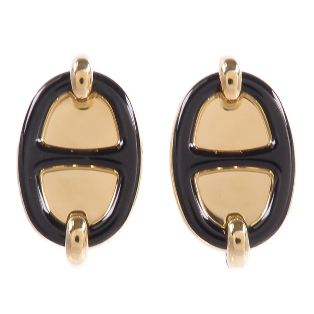 Hermes Mini Maillon Pierced Earrings Black Gold Tone Metal: Hermes Mini Maillon Pierced Earrings Black Gold Tone Metal Hermes Mini Maillon pierced earrings in black and gold-tone metal. Made in France, this women's pair features the Mini Maillon design with no