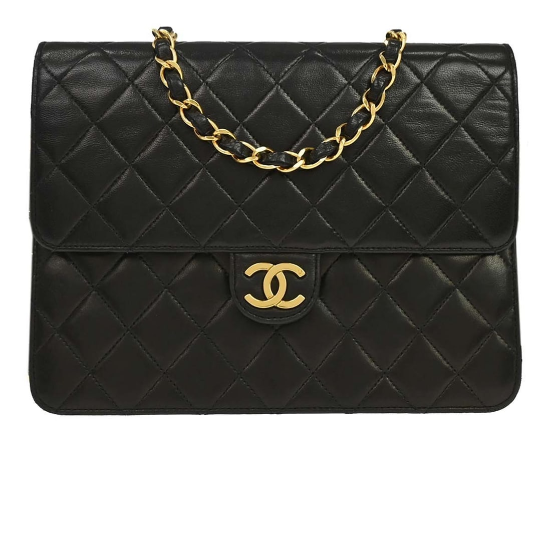 CHANEL Classic Single Flap Small Black Lambskin Shoulder Bag: CHANEL Classic Single Flap Small Black Lambskin Shoulder Bag Small Chanel half flap shoulder bag in black lambskin with a pushlock turn-lock closure and shoulder strap. The bag features one interior z