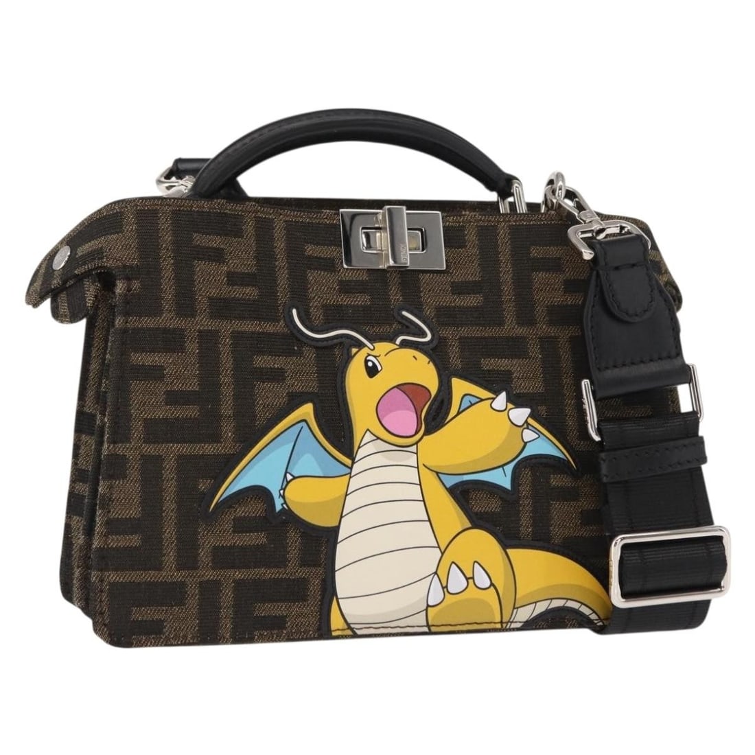 FENDI Peek A Boo 2way Hand Bag Pokemon Fragment Brown Canvas: FENDI Peek A Boo 2way Hand Bag Pokemon Fragment Brown Canvas FENDI x Pokemon x Fragment Peekaboo 2-way handbag in brown and black canvas with silver-tone accents. Made in Italy, this women's bag