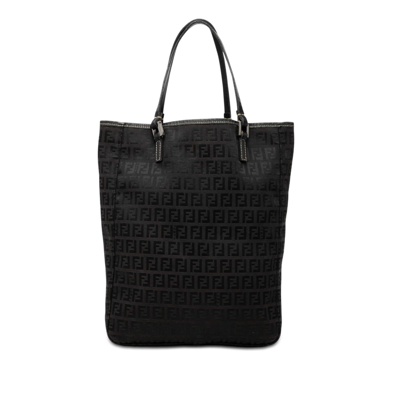 Fendi Zucchino Black Canvas Tote Bag with Leather Trim Pouch: Fendi Zucchino Black Canvas Tote Bag with Leather Trim Pouch Fendi Zucchino canvas tote with leather trim and flat leather handles. The bag features an open top and includes a pouch. Condition is B+