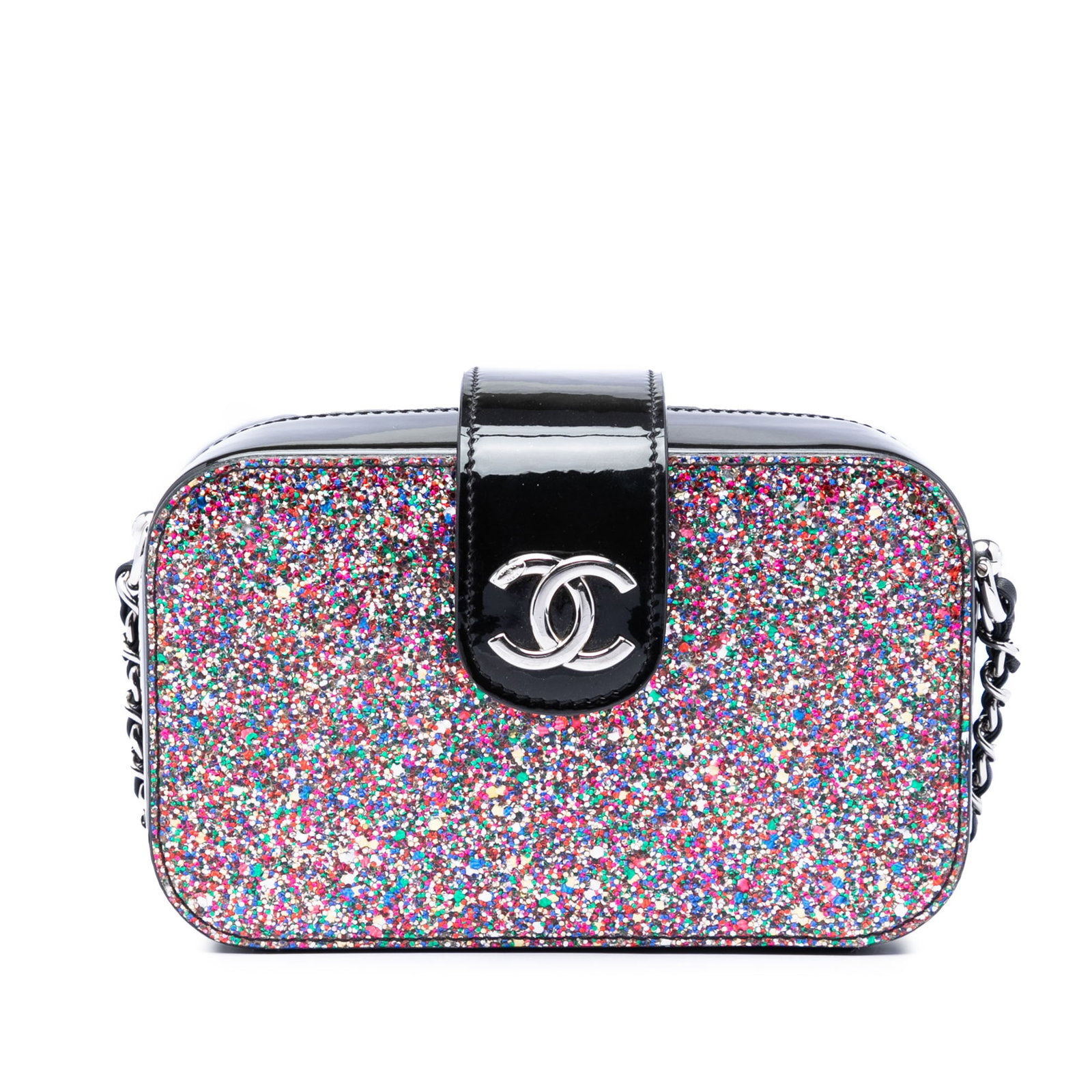 Chanel Evening On The Moon Glitter Patent Camera Crossbody Bag: Chanel Evening On The Moon Glitter Patent Camera Crossbody Bag A Chanel crossbody camera case in glittered patent leather with a leather-woven chain strap, leather shoulder guard, and top strap with