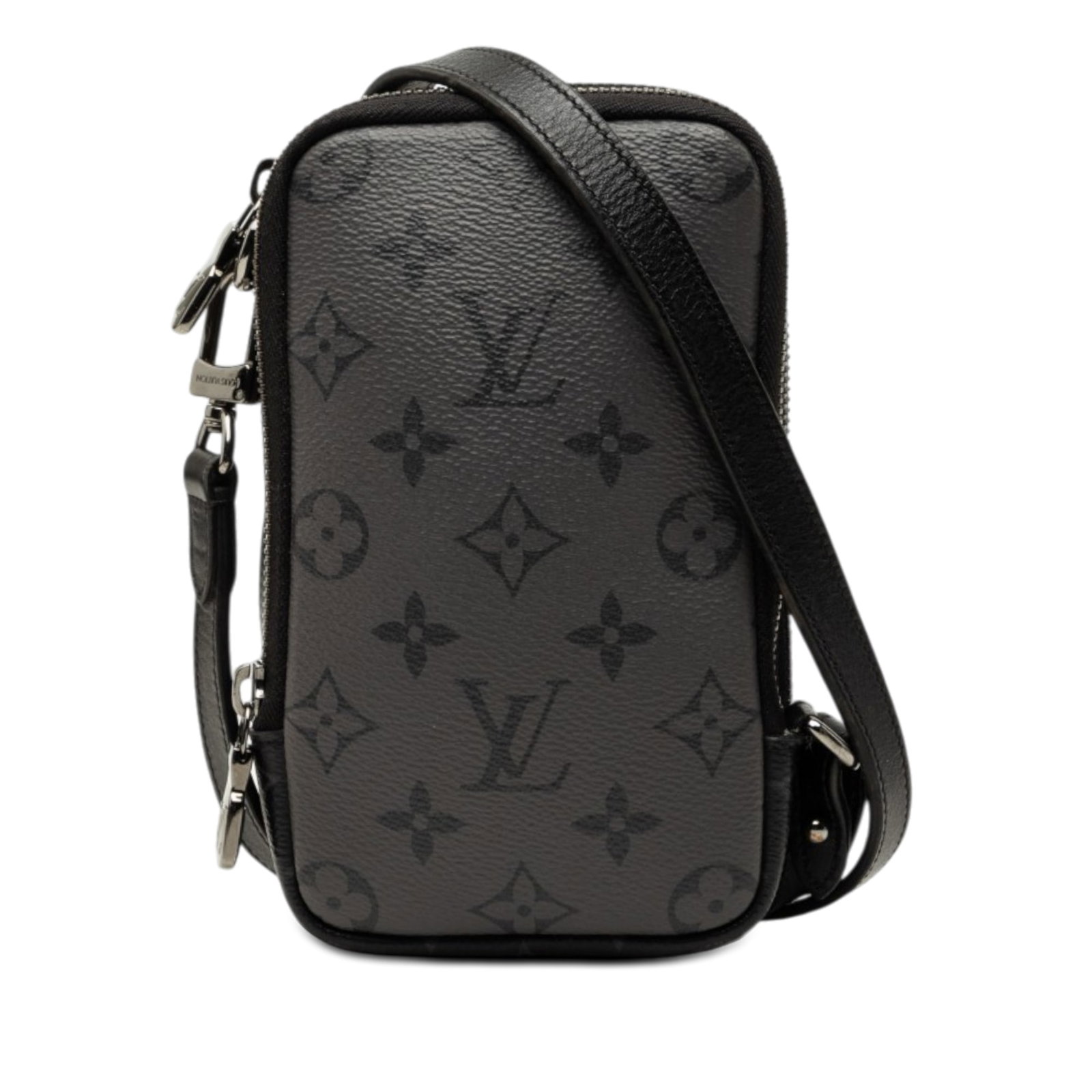 Louis Vuitton Double Phone Pouch Monogram Eclipse Reverse Bag: Louis Vuitton Double Phone Pouch Monogram Eclipse Reverse Bag Louis Vuitton Monogram Eclipse Reverse Double Phone Pouch with a canvas body, detachable flat leather strap, double zip-around compartment