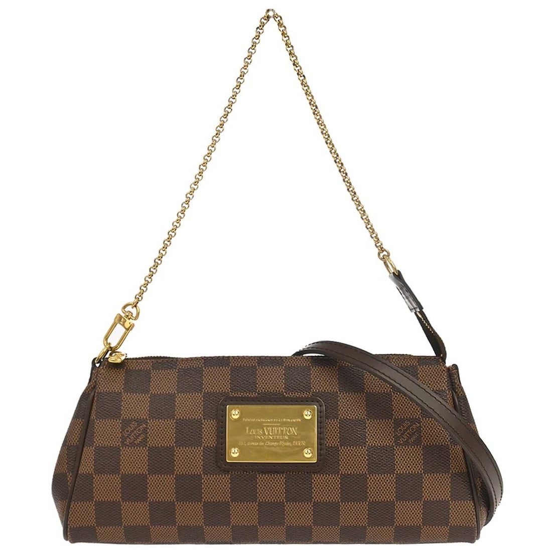 Louis Vuitton Eva Damier Ebene 2way Chain Shoulder Bag N55213: Louis Vuitton Eva Damier Ebene 2way Chain Shoulder Bag N55213 Louis Vuitton Eva 2-way chain handbag in Damier Ebene canvas with leather trim and a zip-top closure. This small women's handbag features 