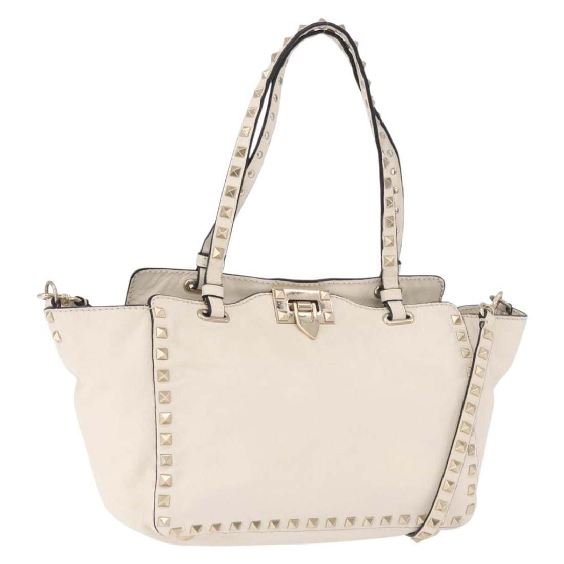 VALENTINO Leather 2way Tote Bag White Gold Studded Shoulder Strap: VALENTINO Leather 2way Tote Bag White Gold Studded Shoulder Strap Valentino 2-way tote bag in white and gold leather with dual carry options using the top handles or the included shoulder strap. Made 