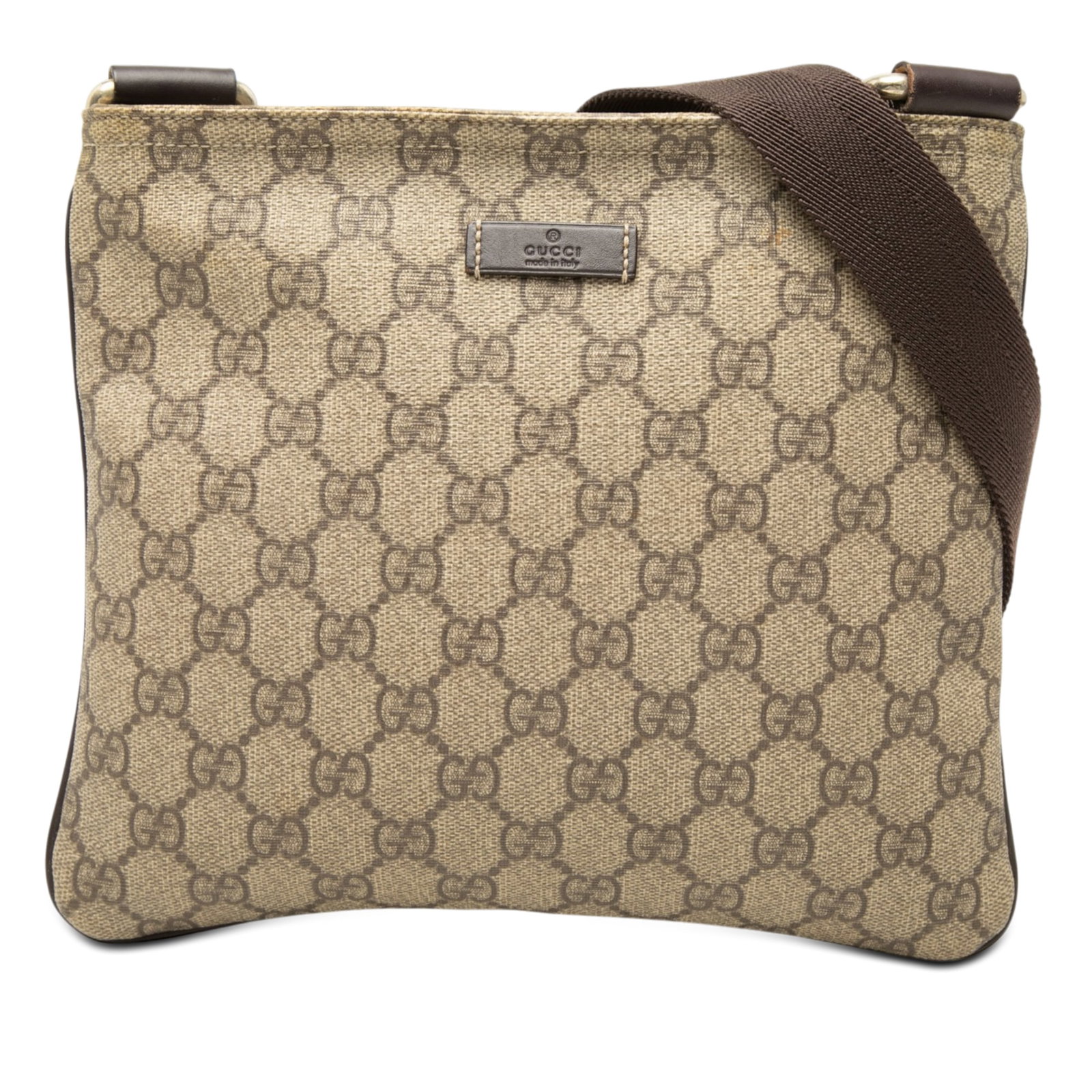 Gucci GG Supreme coated canvas crossbody bag: Gucci GG Supreme coated canvas crossbody bag Gucci GG Supreme crossbody bag with a coated canvas body and leather trim. It features an adjustable flat canvas shoulder strap, a top zip closure, and an 