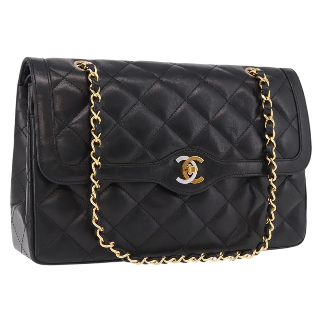 CHANEL Matelasse 28 Lamb Skin Chain Handbag Black Paris Limited: CHANEL Matelasse 28 Lamb Skin Chain Handbag Black Paris Limited CHANEL Matelasse 28 chain hand bag in black lamb skin with gold-tone accents. Made in France, this women's handbag is offered in AB very