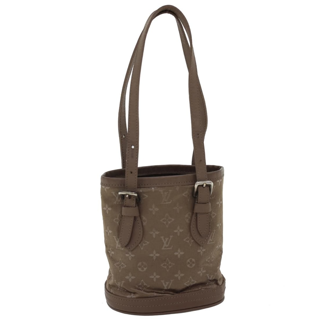 Louis Vuitton M92145 Monogram Satin Bucket Handbag Beige: Louis Vuitton M92145 Monogram Satin Bucket Handbag Beige Louis Vuitton Monogram Satin Little Bucket handbag in beige satin with a compact silhouette. Made in France, this women's handbag includes a du