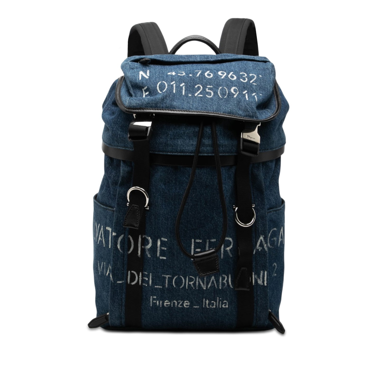 Ferragamo Printed Denim Backpack Blue Fabric and Leather Trim: Ferragamo Printed Denim Backpack Blue Fabric and Leather Trim Ferragamo printed denim backpack with leather trim, a flat leather top handle, adjustable back straps, a front flap with buckle closures, 