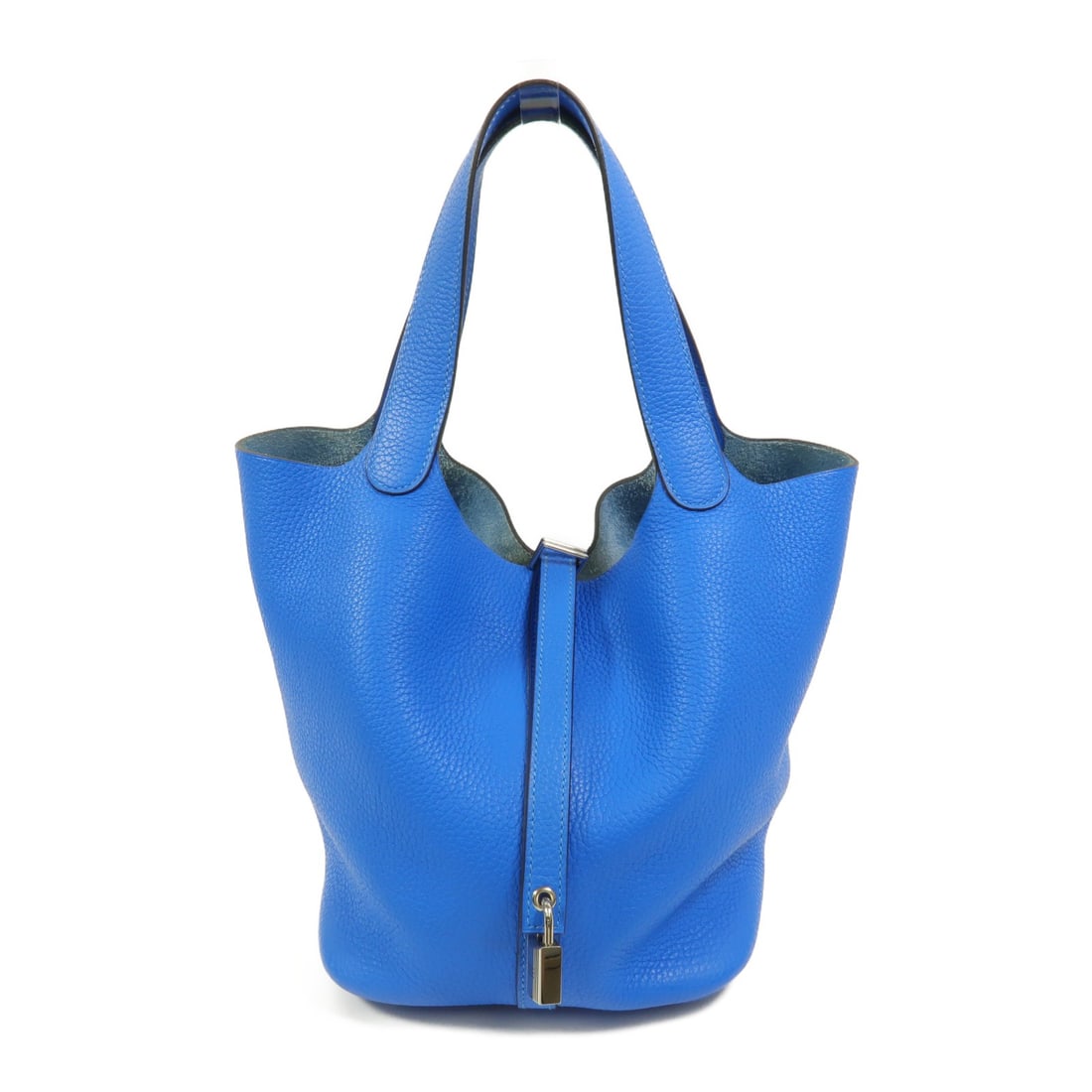 Hermes Picotin MM Taurillon Clemence Bleu Hydra Bucket Handbag: Hermes Picotin MM Taurillon Clemence Bleu Hydra Bucket Handbag Hermes Picotin MM handbag/bucket tote in Bleu Hydra blue, made from Taurillon Clemence leather and calfskin (cowhide). It features pallad