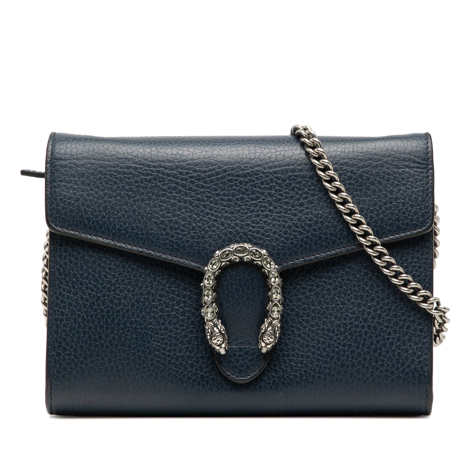 Blue Leather Dionysus Chain Wallet Shoulder Bag by Gucci: Blue Leather Dionysus Chain Wallet Shoulder Bag by Gucci This Gucci Dionysus Wallet on Chain is crafted from blue leather and features a chain link shoulder strap, a front flap with snap button closur