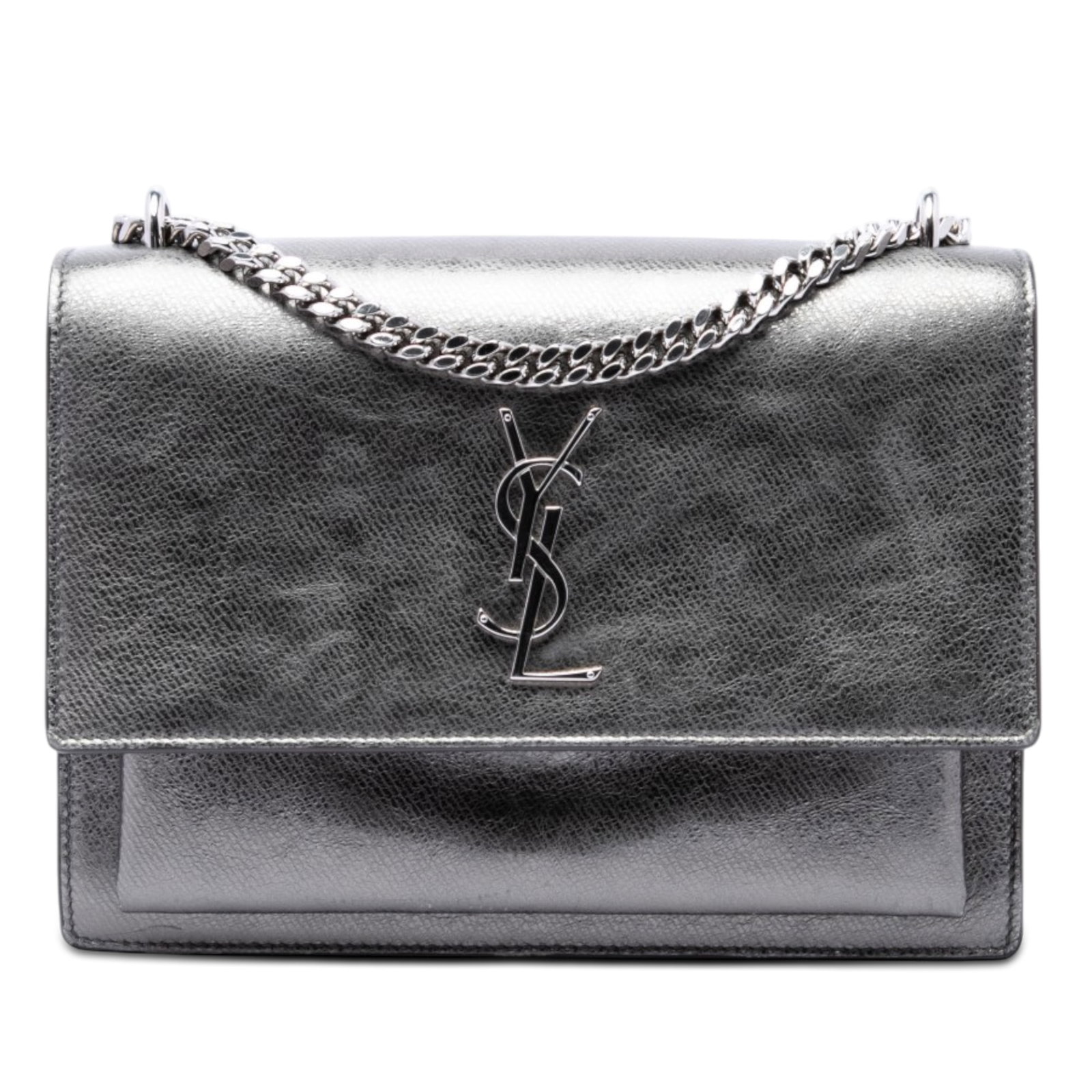 Saint Laurent Sunset Medium Metallic Calfskin Crossbody Bag: Saint Laurent Sunset Medium Metallic Calfskin Crossbody Bag Saint Laurent Medium Monogram Sunset crossbody bag in metallic calfskin leather. This bag features a chain link shoulder strap with a leathe