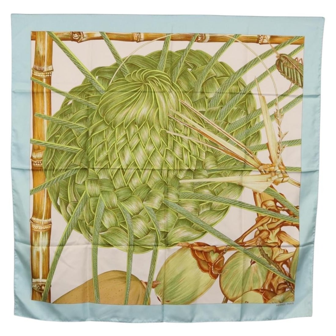 HERMES Jardin Creole Carre 90 Silk Scarf Light Blue: HERMES Jardin Creole Carre 90 Silk Scarf Light Blue Hermes Carre 90 Jardin Creole silk scarf in light blue, made in France. The scarf is sized at approximately 90 cm x 90 cm and is designed for women.