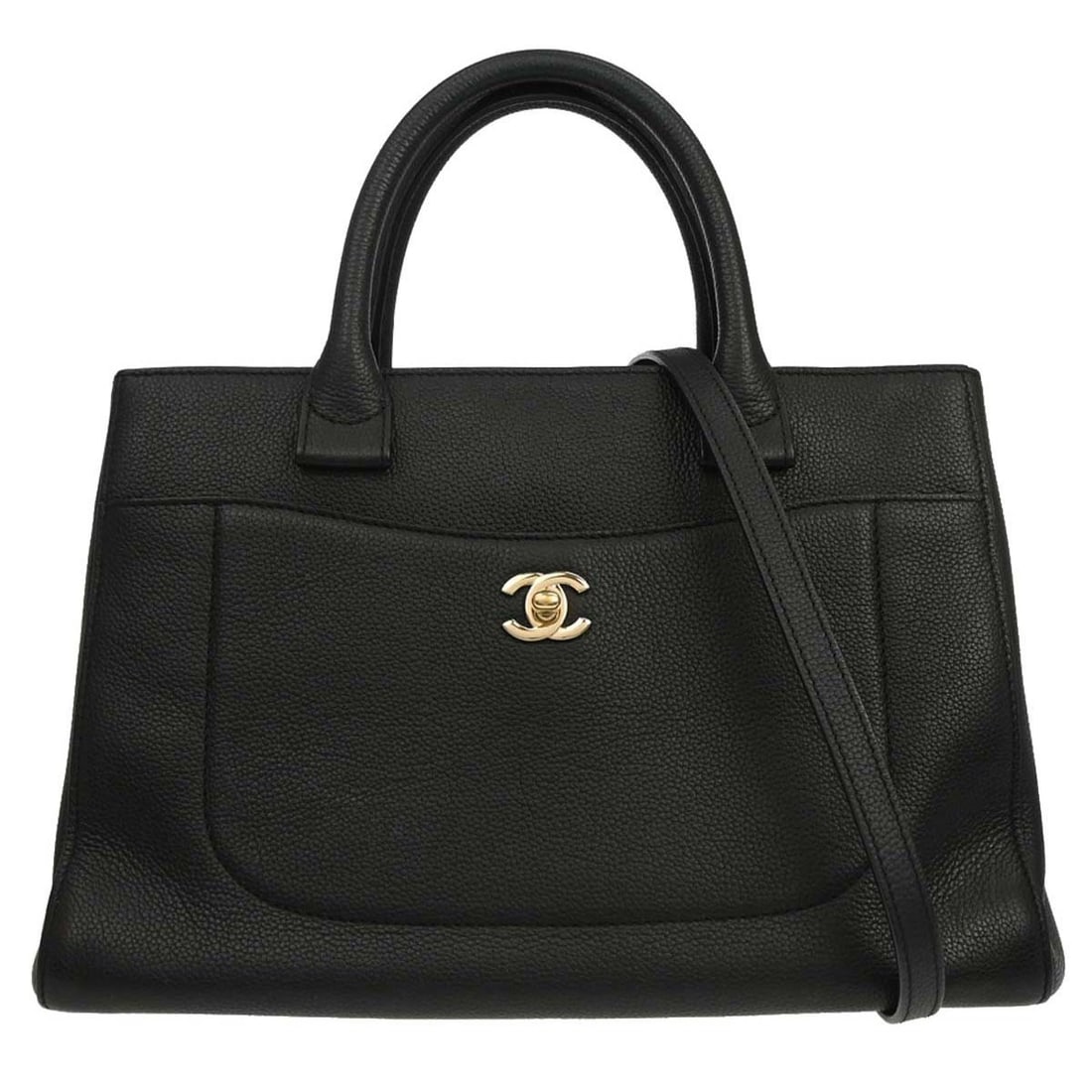 CHANEL Neo Executive black calfskin tote with shoulder strap: CHANEL Neo Executive black calfskin tote with shoulder strap Chanel Neo Executive Tote in black calfskin with a structured 2-way design that can be carried by the double handles or the included should