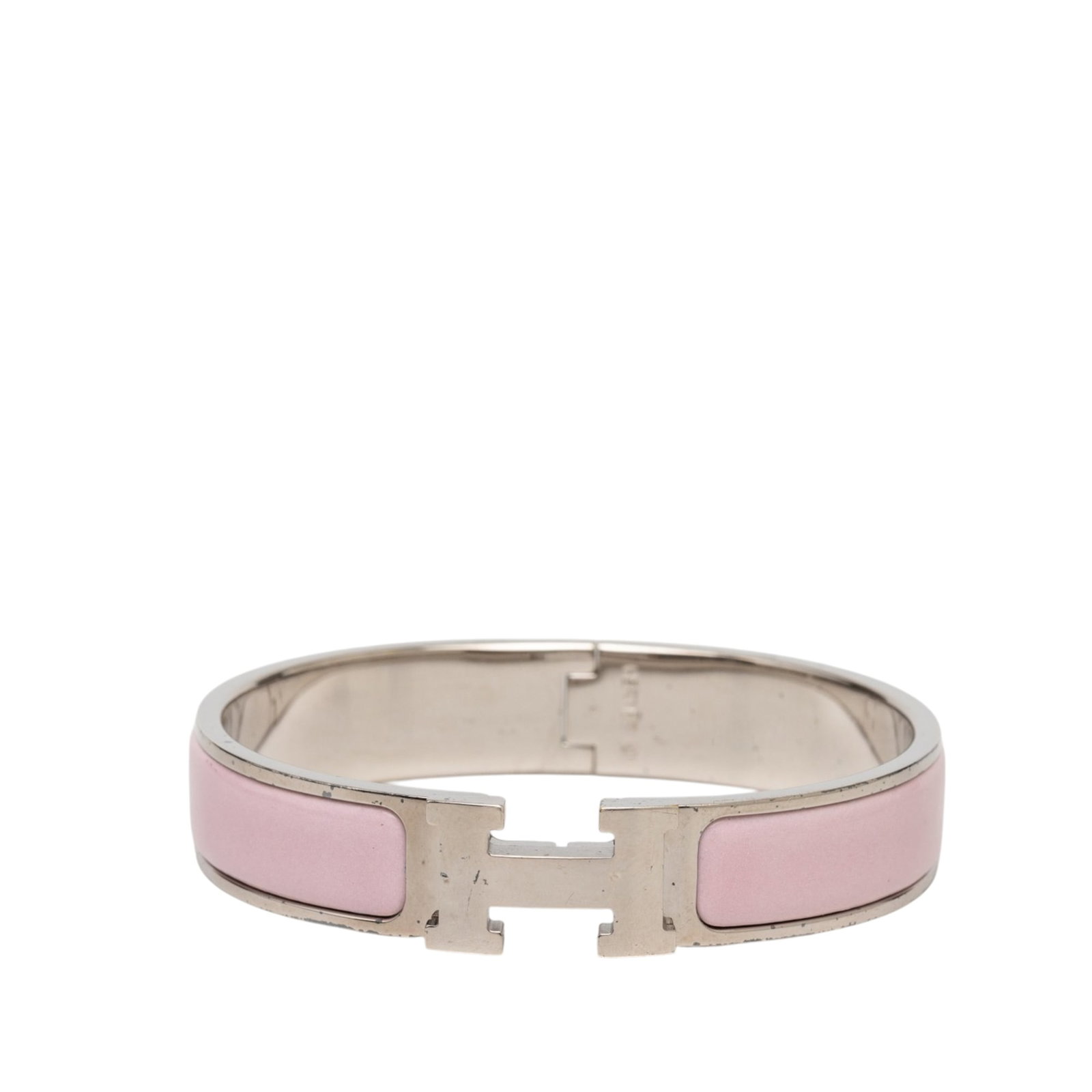 Hermes Clic H PM Narrow Enamel Bracelet: Hermes Clic H PM Narrow Enamel Bracelet Hermes Narrow Enamel Clic H Bracelet PM in pink enamel with palladium-plated metal and the signature H toggle clasp. Made in France, this costume bracelet shows