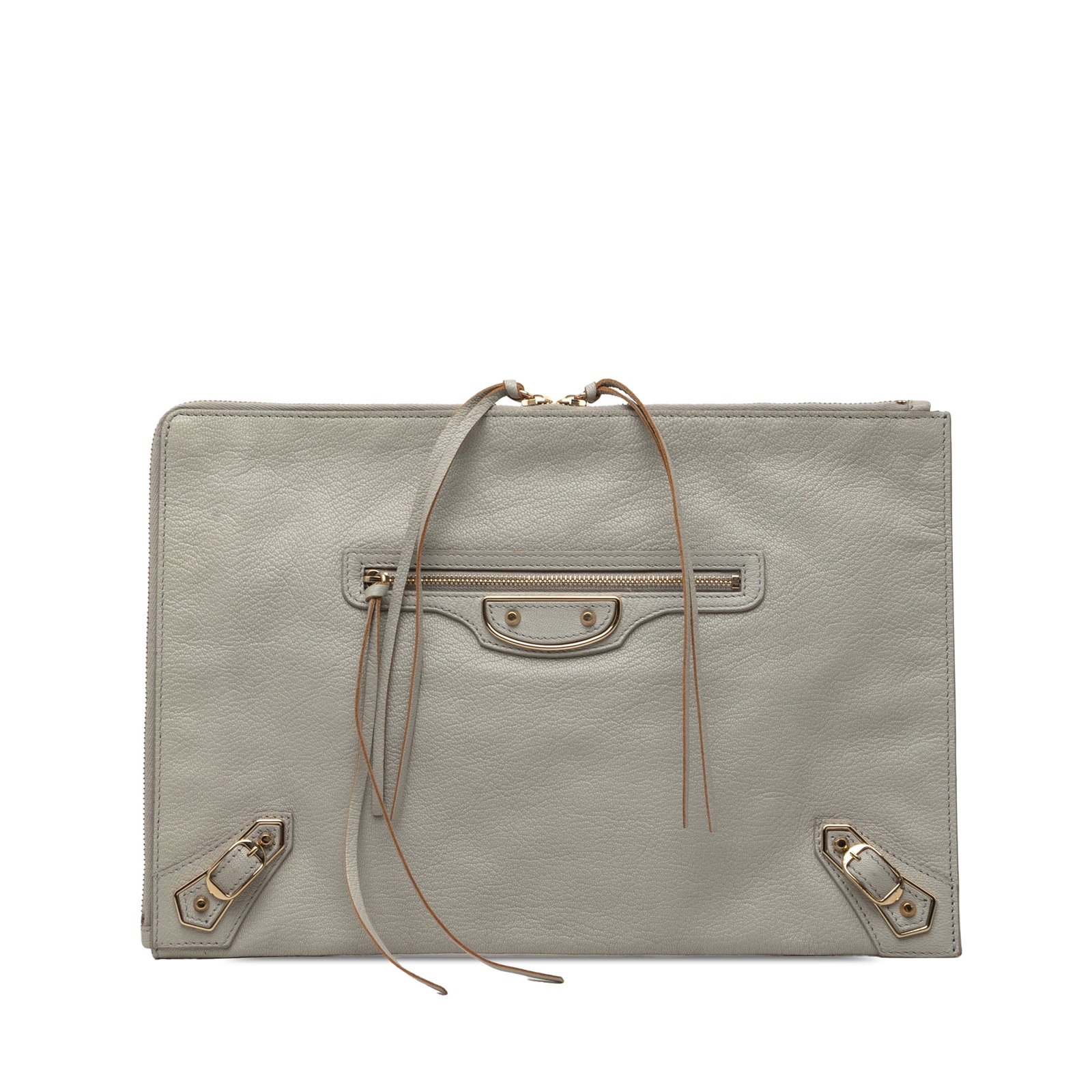 Balenciaga Motocross Classic Metallic Edge Goatskin Zip Clutch: Balenciaga Motocross Classic Metallic Edge Goatskin Zip Clutch Balenciaga Goatskin Motocross Classic Metallic Edge Clutch in gray leather with a top zip closure, exterior front zip pocket, and interio