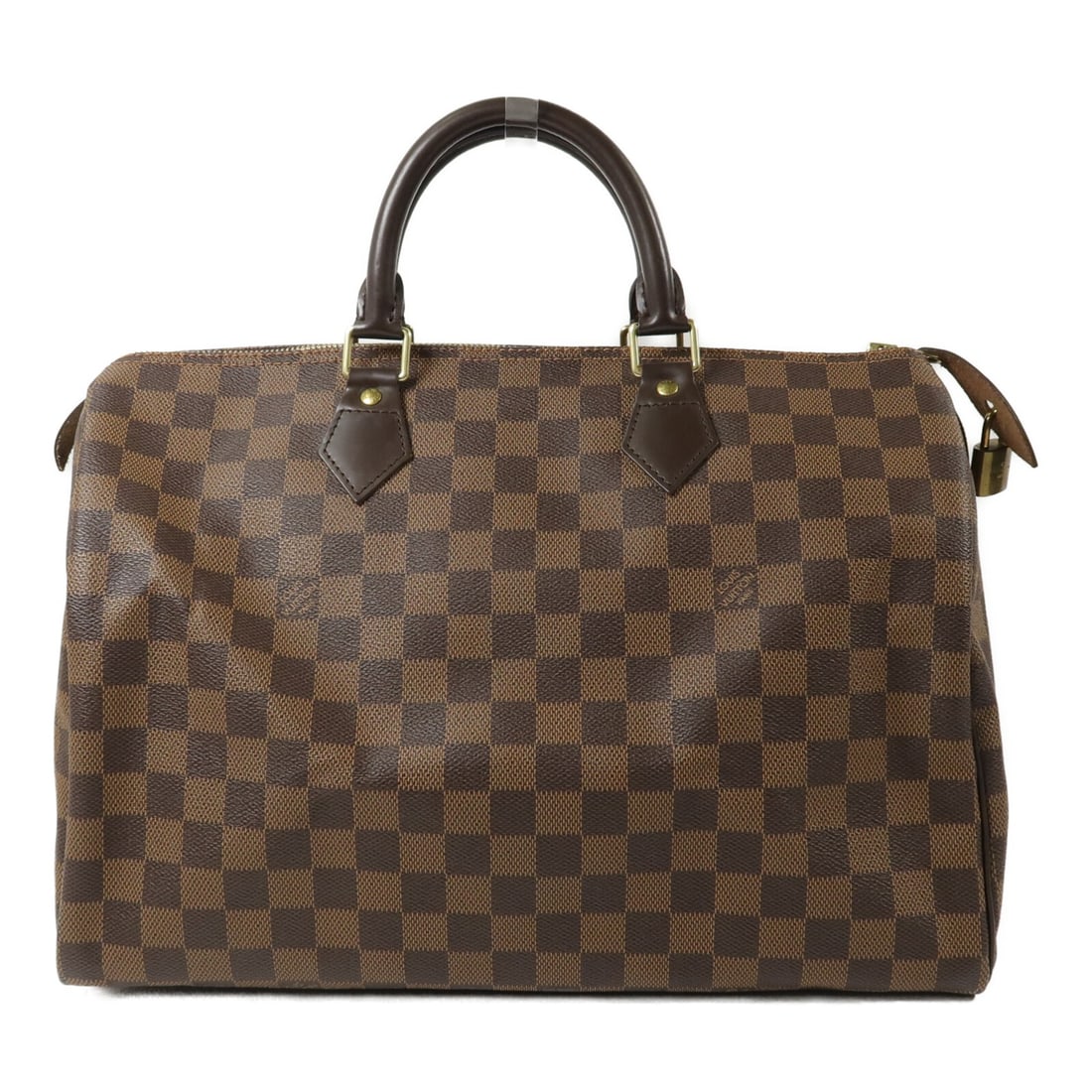Louis Vuitton Speedy 35 Damier Brown Coated Canvas Handbag N41363: Louis Vuitton Speedy 35 Damier Brown Coated Canvas Handbag N41363 Louis Vuitton Damier Speedy 35 handbag in brown PVC coated canvas with gold-tone hardware. It features a top handle and an open interi