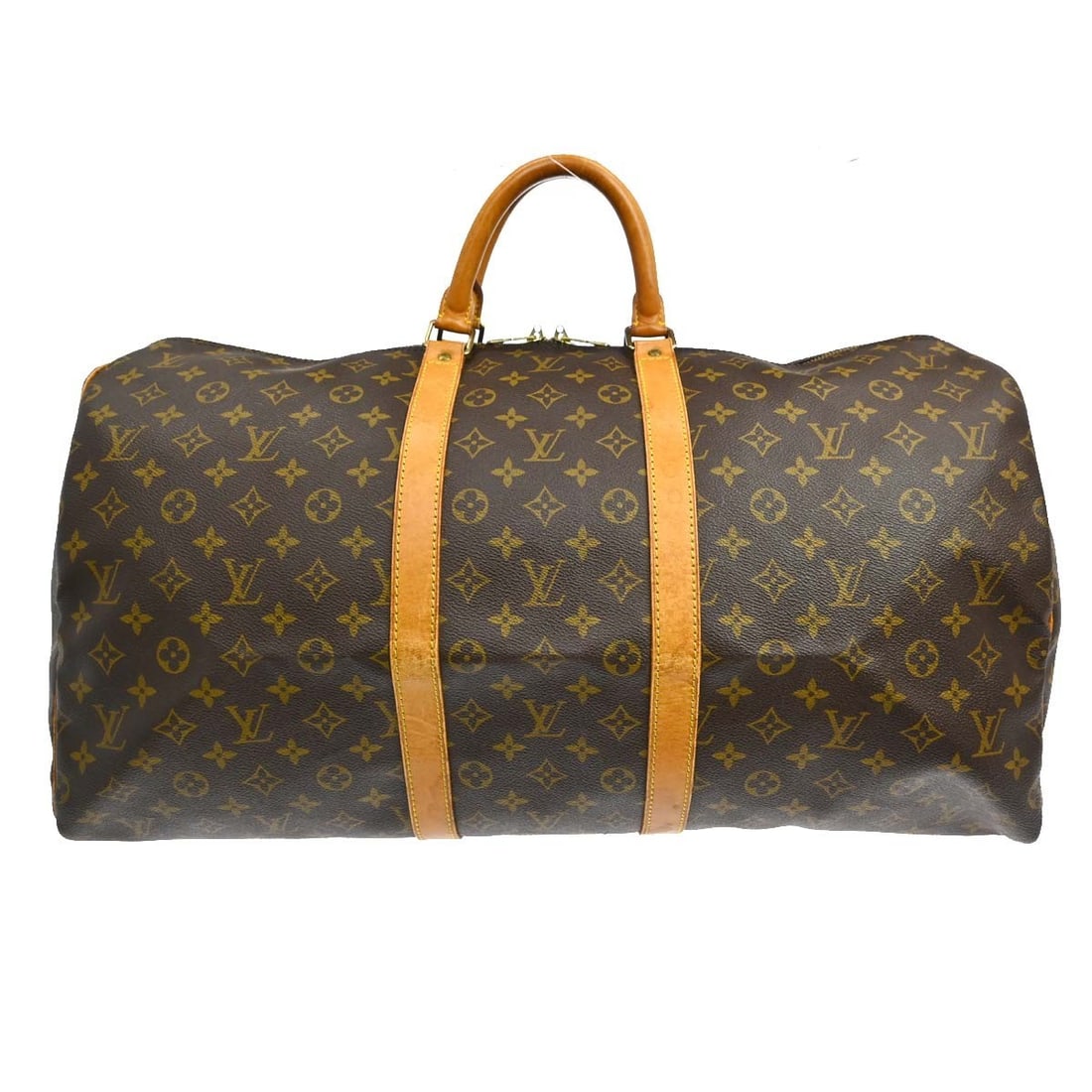 Louis Vuitton Keepall 55 Monogram Canvas Duffle Bag M41424: Louis Vuitton Keepall 55 Monogram Canvas Duffle Bag M41424 Vintage Louis Vuitton Keepall 55 travel handbag in Monogram canvas and leather, featuring a zip closure, double handles, and a brown canvas l