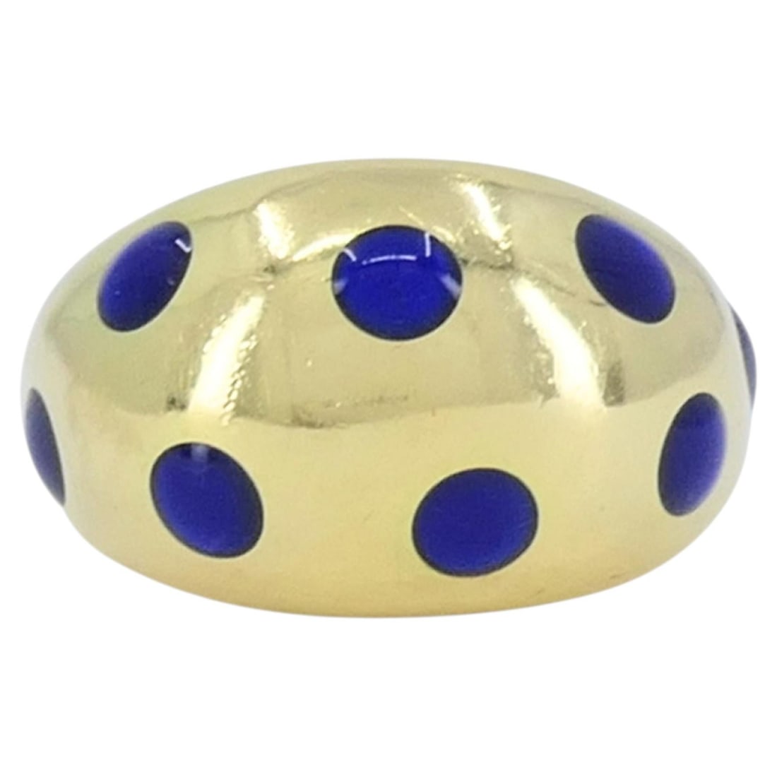 Van Cleef and Arpels Blue Enamel Bombe Ring in 18k Yellow Gold: Van Cleef and Arpels Blue Enamel Bombe Ring in 18k Yellow Gold Vintage ring crafted in 18k yellow gold with blue enamel dot accents and a rounded bombe profile. The design features a smooth polished g