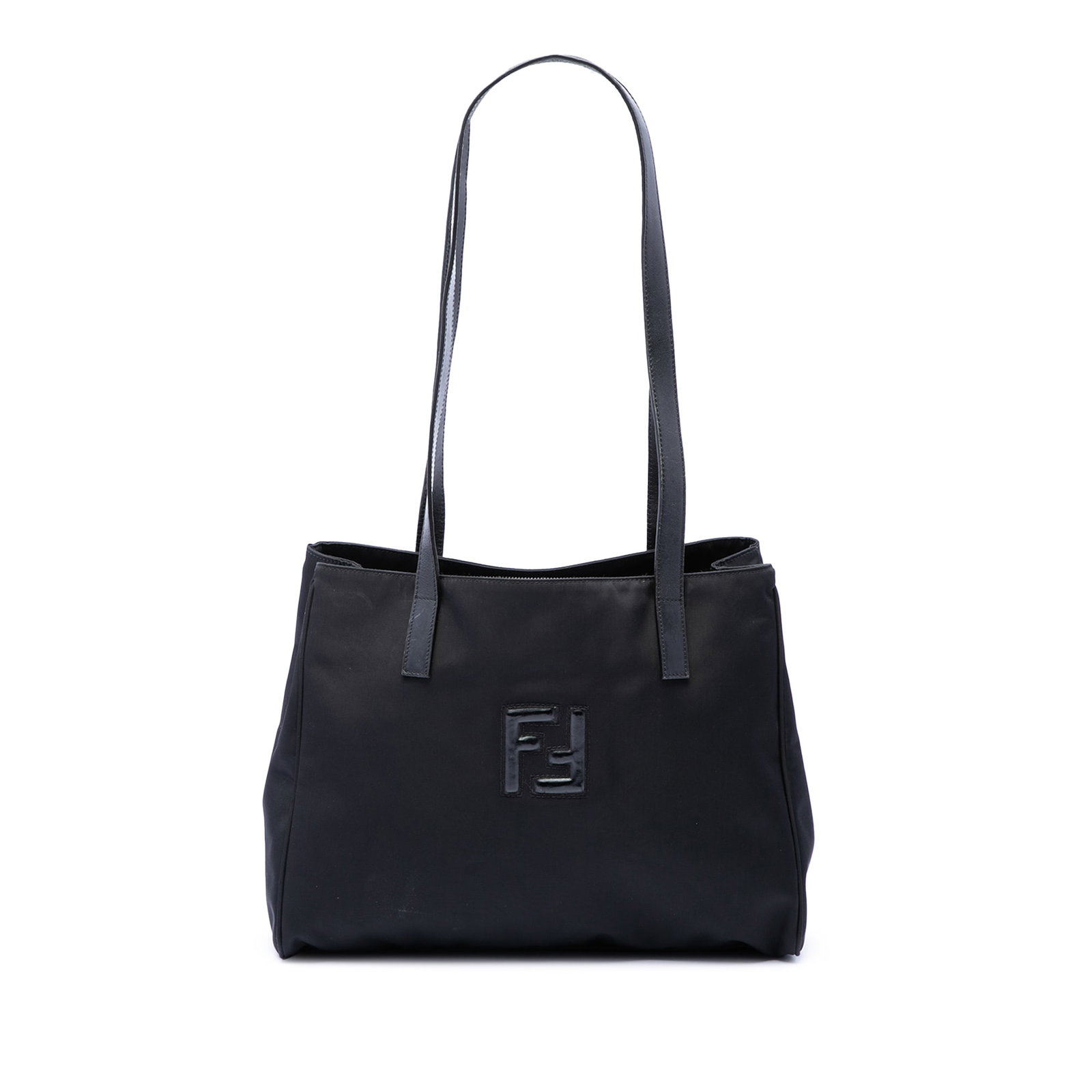 Fendi FF Tote Bag in Black Nylon with Leather Straps: Fendi FF Tote Bag in Black Nylon with Leather Straps Fendi FF Nylon Tote in black with a nylon body, flat leather straps, an open top, magnetic snap button closure, and an interior zip pocket. Conditi