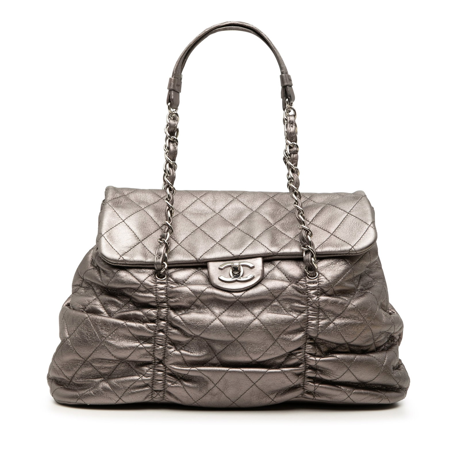 Chanel Sharpei Flap Handbag in Metallic Quilted Lambskin: Chanel Sharpei Flap Handbag in Metallic Quilted Lambskin Quilted metallic lambskin Sharpei flap handbag with leather-woven chain straps, flat leather guards, a front flap with twist lock closure, and 