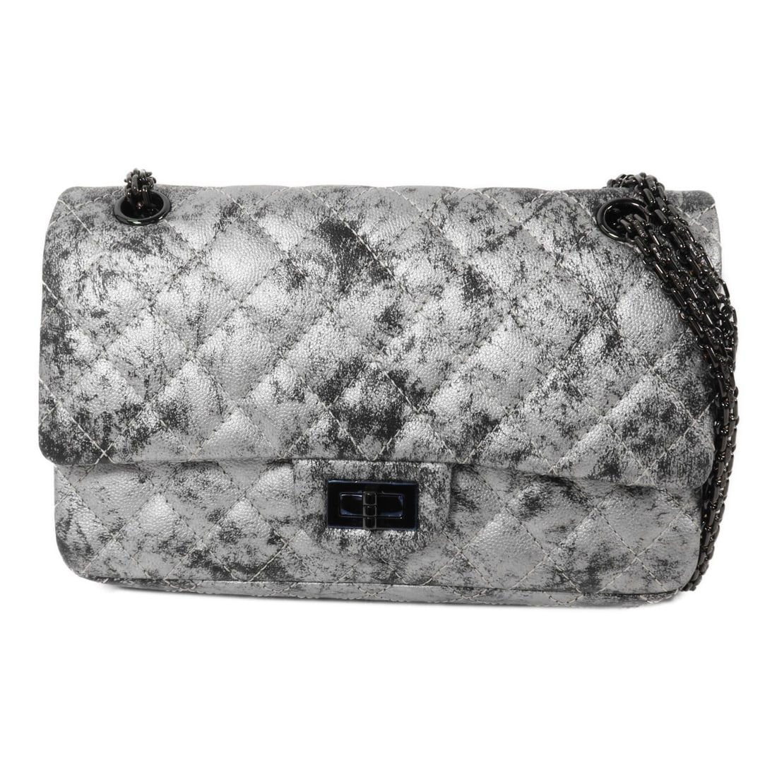 CHANEL 2.55 A37586 Small Calfskin Shoulder Bag Silver Black: CHANEL 2.55 A37586 Small Calfskin Shoulder Bag Silver Black Small Chanel CC 2.55 chain shoulder bag in silver and black calfskin leather. This women's shoulder bag features a turn-lock closure, an ext