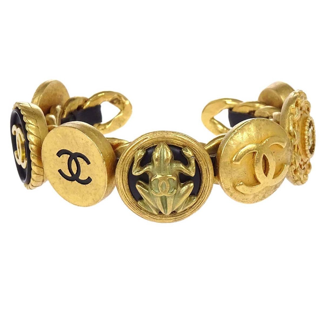 CHANEL gold plated bangle bracelet black leather France (1 of 5)