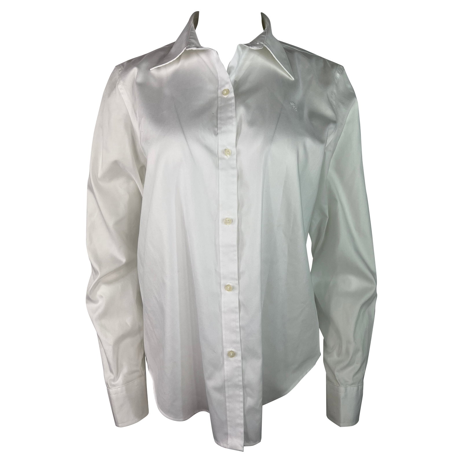 Ralph Lauren Large White Cotton Collared Button Front Blouse: Ralph Lauren Large White Cotton Collared Button Front Blouse White cotton button-down blouse by Ralph Lauren featuring a collar, front button closure, and button detail on the sleeves. It is marked si