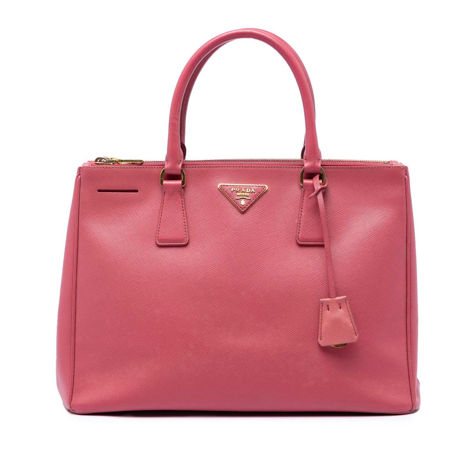 Prada Galleria Double Zip Tote Large Pink Saffiano Leather: Prada Galleria Double Zip Tote Large Pink Saffiano Leather Prada Galleria double zip tote crafted in saffiano leather with rolled leather handles, an open top, zip compartments, and interior zip and s