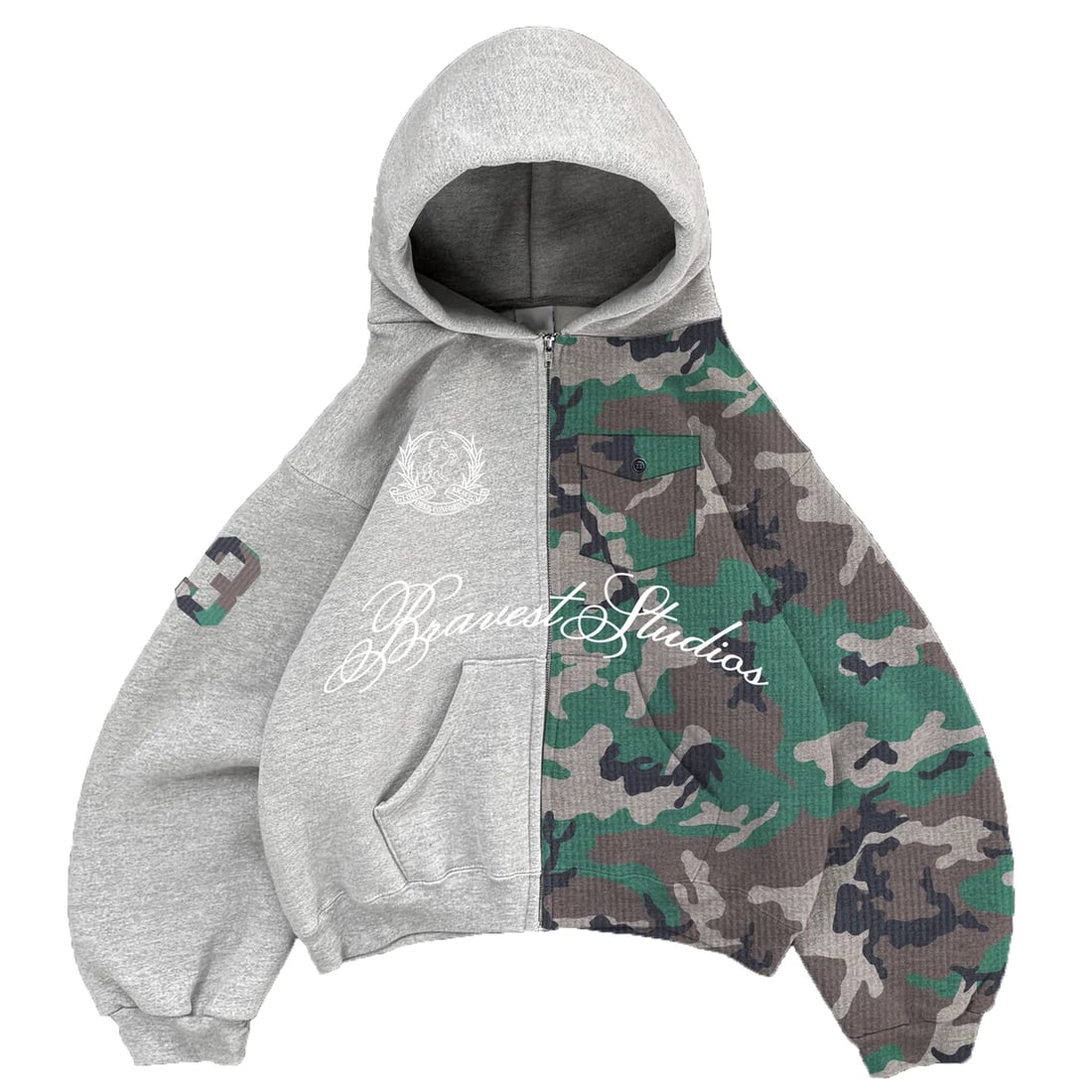 Bravest Studios zip hoodie half camo cotton blend medium: Bravest Studios zip hoodie half camo cotton blend medium Zip-up hoodie with a half-camo and half-solid design. Made from a heavyweight cotton blend, it features a full-zip front, ribbed cuffs and hem,