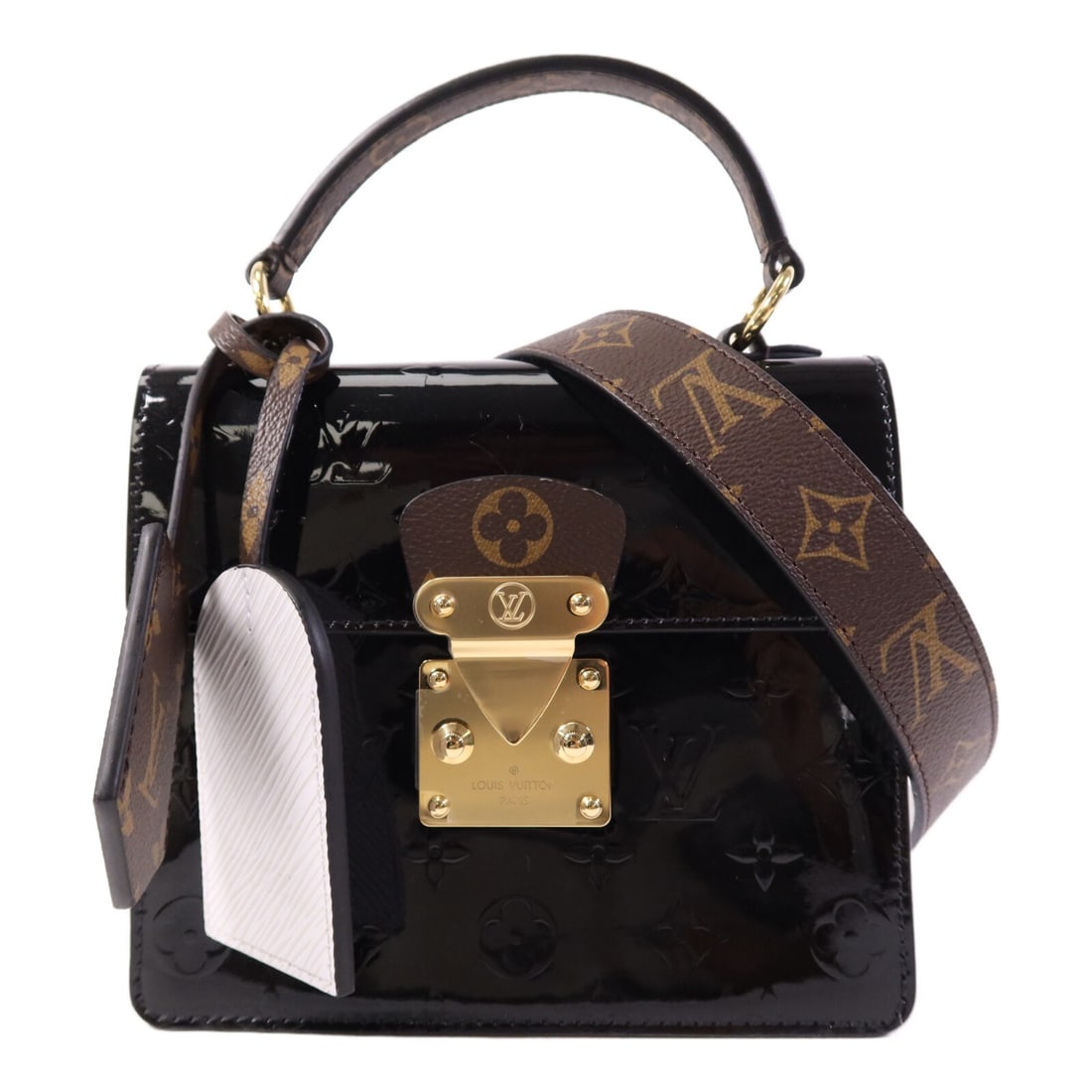 Louis Vuitton Spring Street M90375 2 Way Shoulder Bag Black: Louis Vuitton Spring Street M90375 2 Way Shoulder Bag Black Louis Vuitton Spring Street 2 Way Shoulder Bag, model M90375, in Black x White. It is made with Vernis, PVC coated canvas, and patent leathe