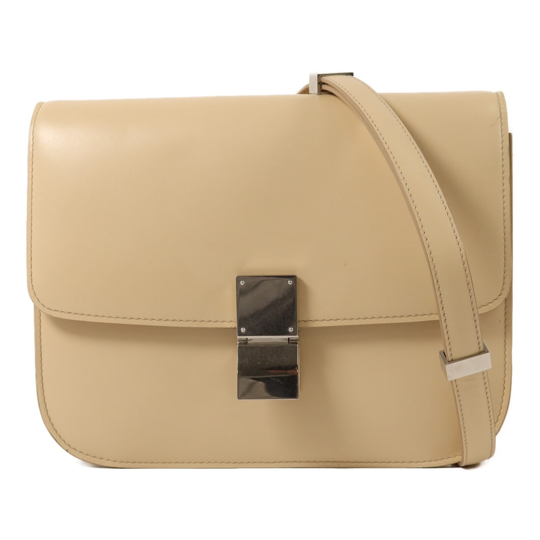 Celine Classic Box Medium Beige Calfskin Shoulder Bag SHW: Celine Classic Box Medium Beige Calfskin Shoulder Bag SHW Classic Box medium shoulder bag in beige calfskin leather with a structured silhouette and flap-front design. The interior includes one zip po