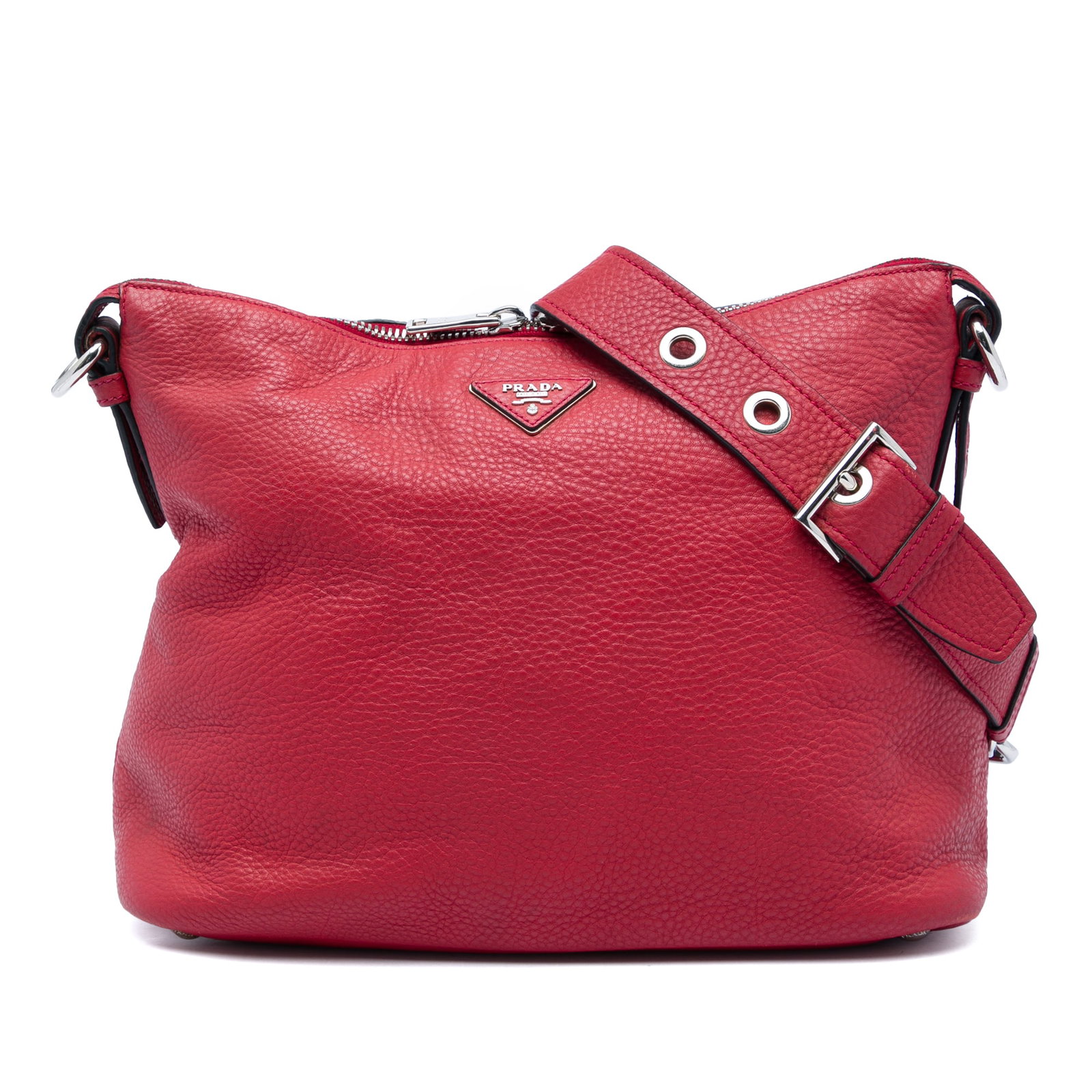 Prada Vitello Daino Red Leather Zip Shoulder Handbag: Prada Vitello Daino Red Leather Zip Shoulder Handbag Prada Vitello Daino shoulder bag in red leather with an adjustable flat leather strap, 2-way zip-top closures, and interior zip and slip pockets. M