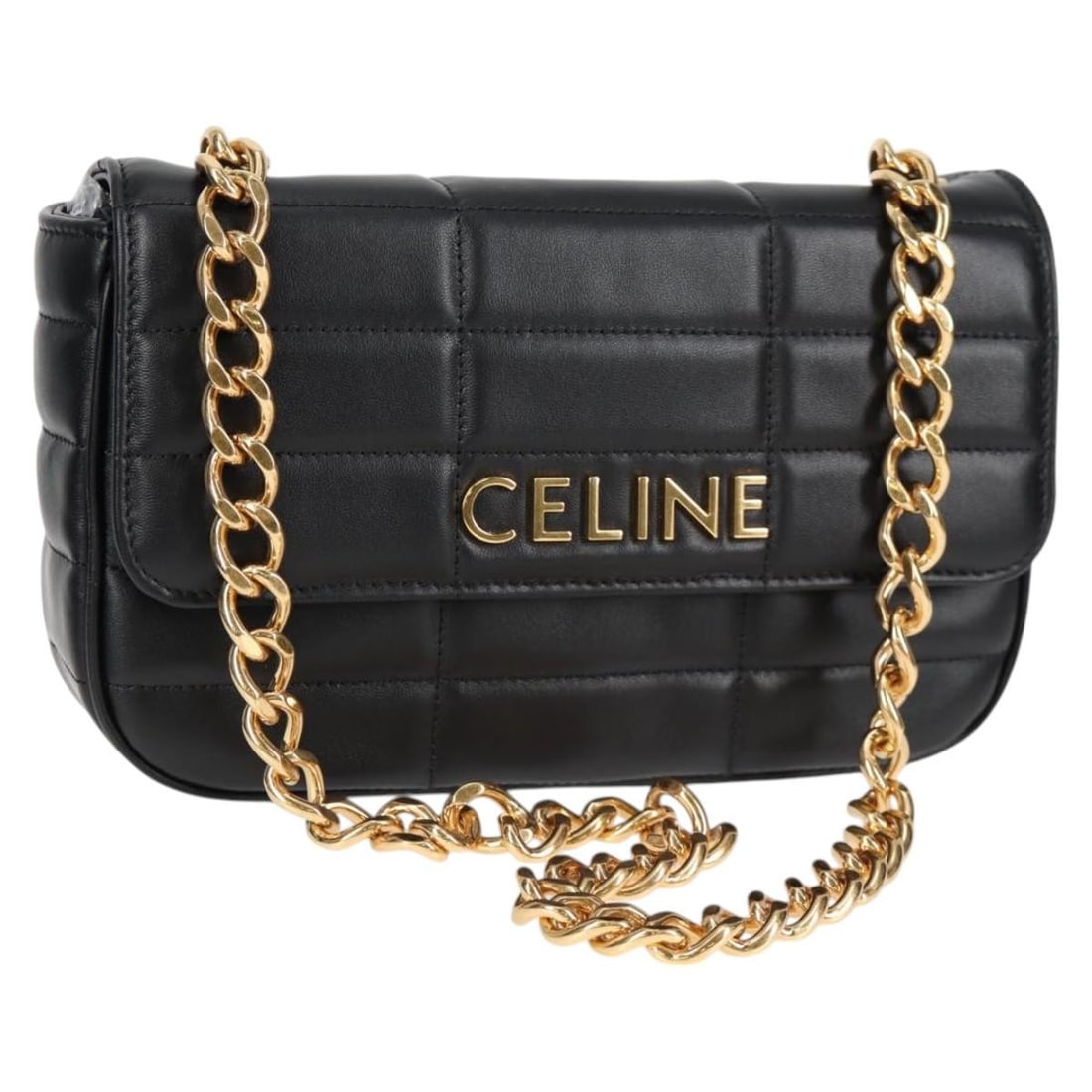CELINE black leather shoulder bag with chain strap gold tone: CELINE black leather shoulder bag with chain strap gold tone Authentic CELINE chain shoulder bag crafted in black leather with gold-tone accents. This women's shoulder bag includes a dust bag and is m