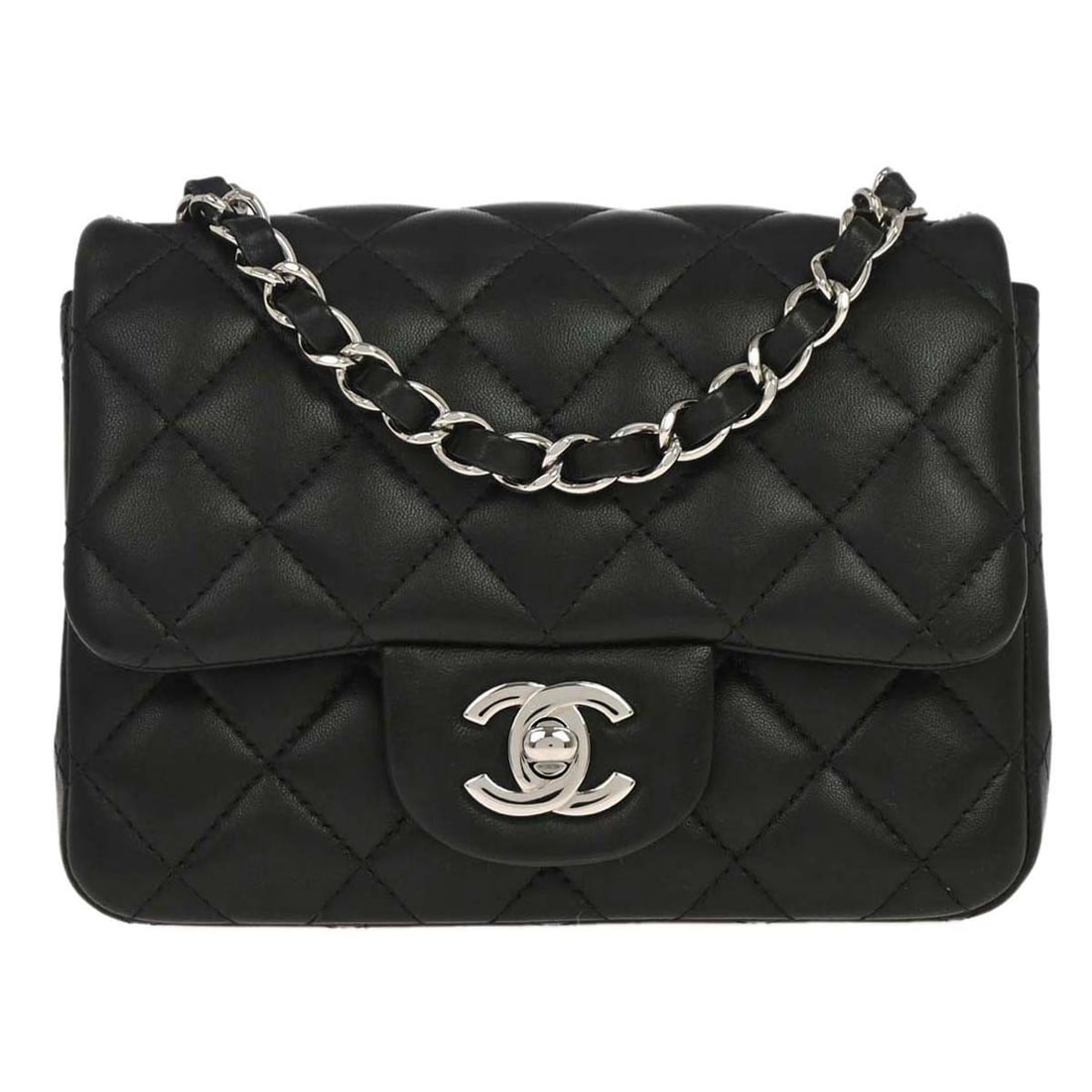 CHANEL Classic Flap Mini Square Lambskin Shoulder Bag Black: CHANEL Classic Flap Mini Square Lambskin Shoulder Bag Black Chanel Classic Flap Mini Square Chain Shoulder Bag in black lambskin leather with a matelasse quilted exterior and flap turnlock closure. It