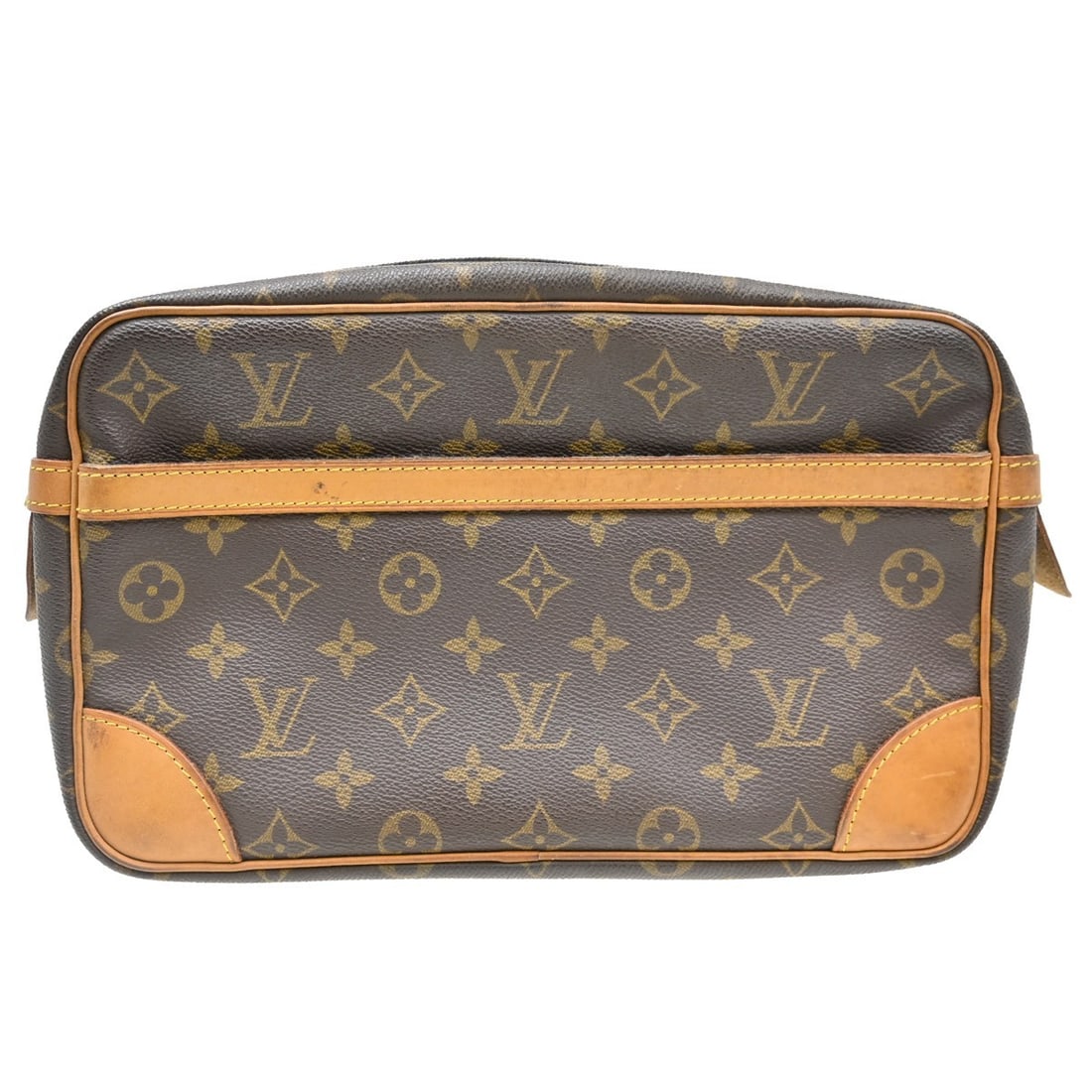Louis Vuitton Compiegne 28 Monogram Canvas Clutch M51845: Louis Vuitton Compiegne 28 Monogram Canvas Clutch M51845 Vintage Louis Vuitton Compiegne 28 clutch handbag in brown Monogram canvas and leather. This zip-top women's clutch shows visible wear consiste