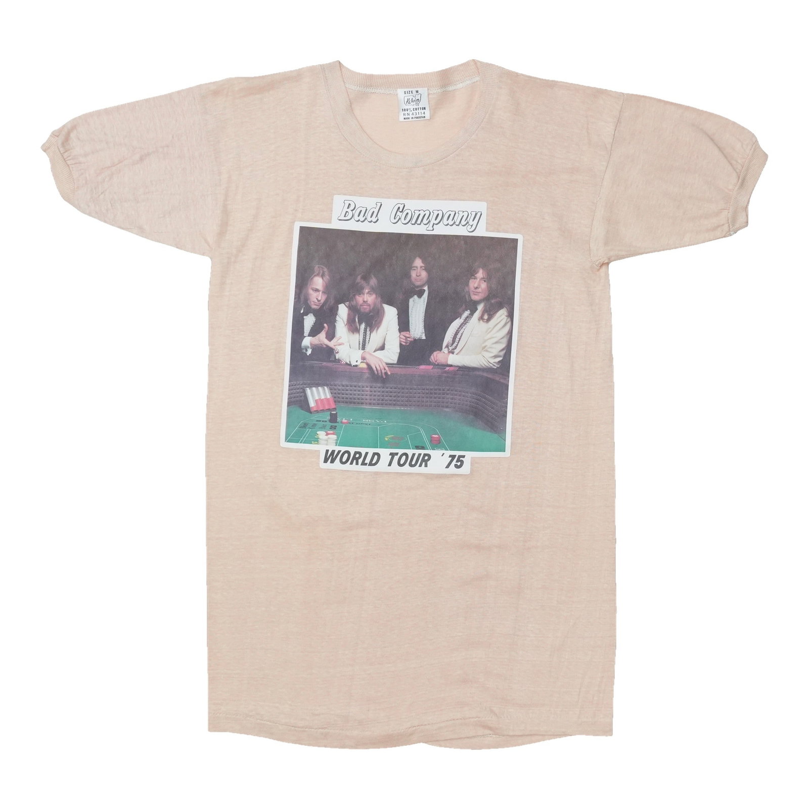 Vintage 1970s Bad Company World Tour T Shirt Pink Medium: Vintage 1970s Bad Company World Tour T Shirt Pink Medium Original vintage 1975 Bad Company World Tour shirt in pink. This rare tee is described as a true vintage piece, not a modern reproduction, and 