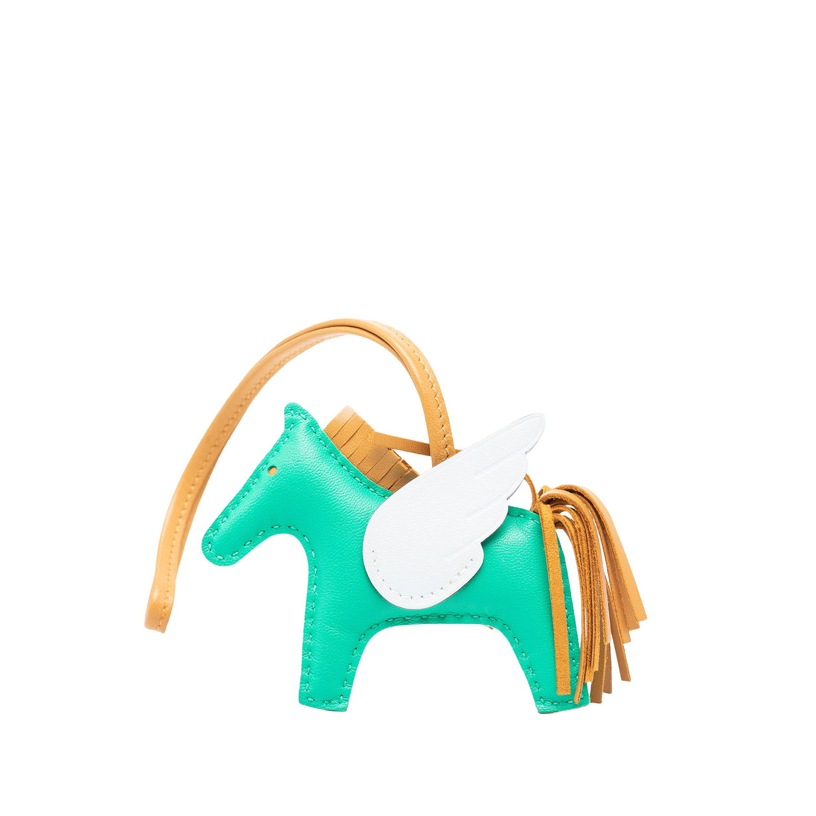 Hermes Rodeo Pegase PM bag charm in Milo lambskin and Swift leather: Hermes Rodeo Pegase PM bag charm in Milo lambskin and Swift leather Hermes Grigri Rodeo Pegase PM bag charm crafted from Milo lambskin and Swift leather in Menthe, Sesame, and Bleu Brume. This leather