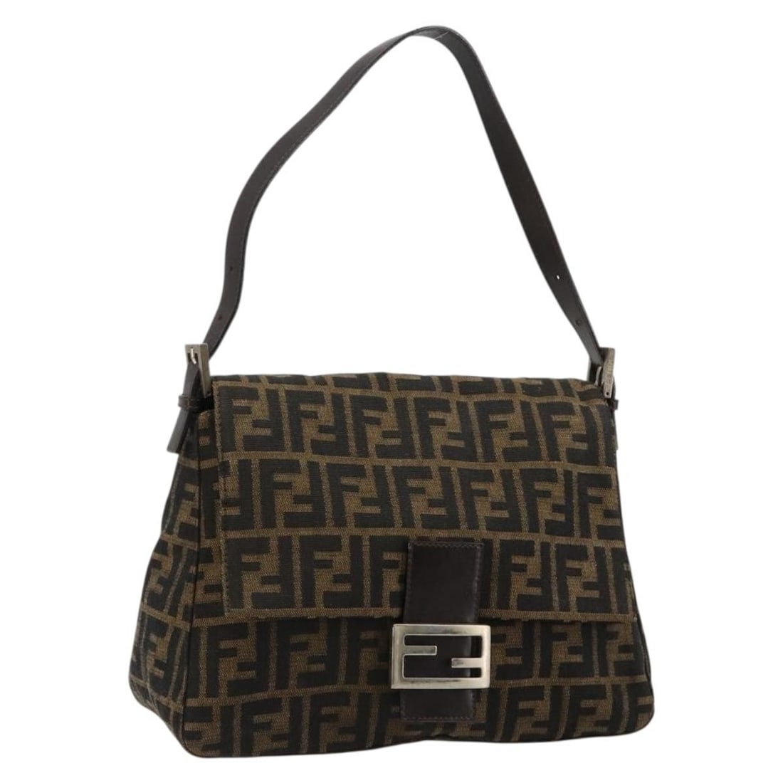 FENDI Mamma Baguette Shoulder Bag in Black Brown Zucca Canvas: FENDI Mamma Baguette Shoulder Bag in Black Brown Zucca Canvas Authentic FENDI Mamma Baguette shoulder bag in black and brown Zucca canvas. This women's shoulder bag includes a dust bag and is made in 